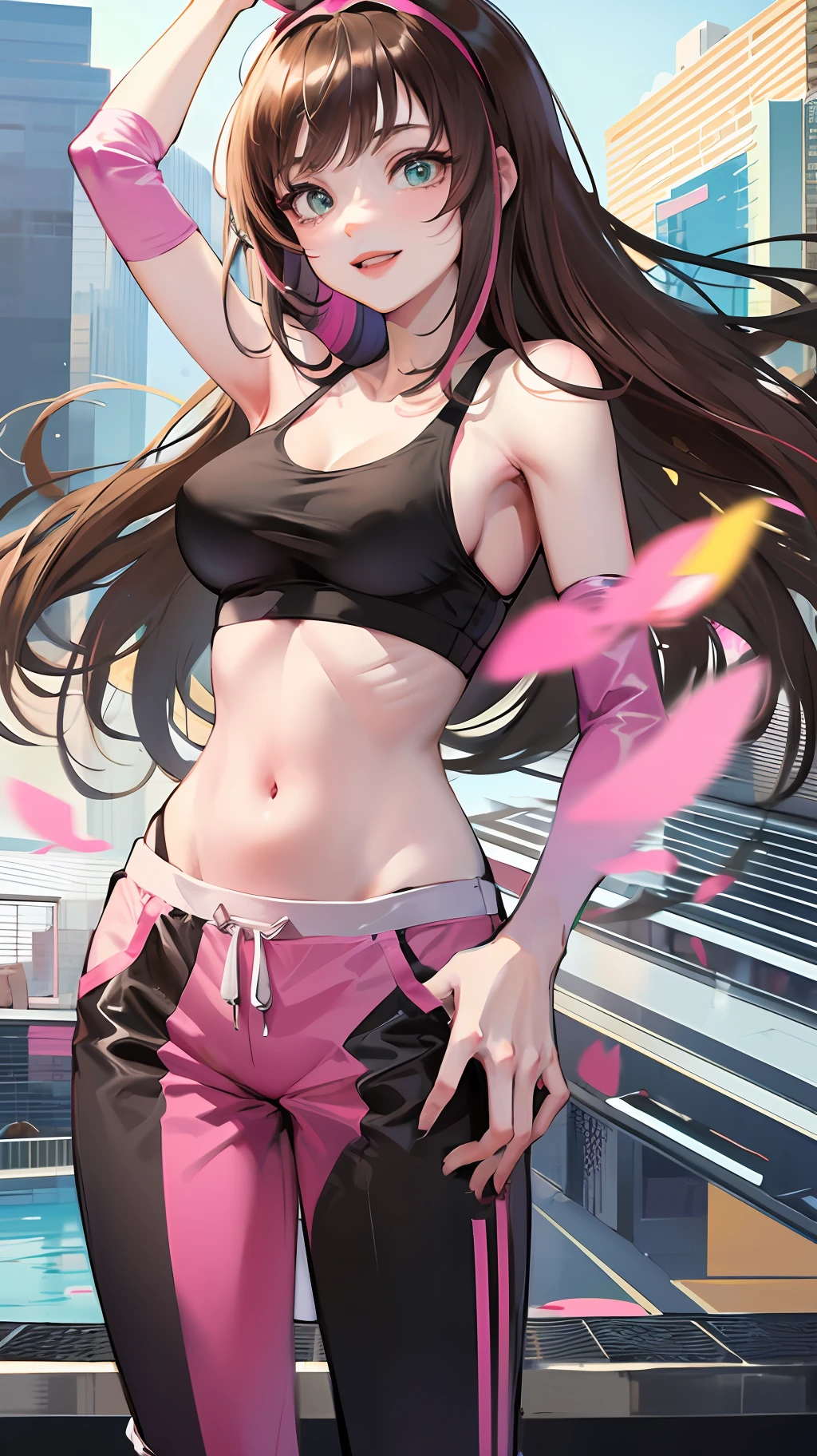 Best quality, 8k, 32k, Masterpiece, UHD:1.2), kizuna ai, medium breasts,long hair, brown hair, multicolored hair, floating hair, pink hairband, pink highlights, streaked hair, smiling, pink sports bra, black jogging pants, navel, road