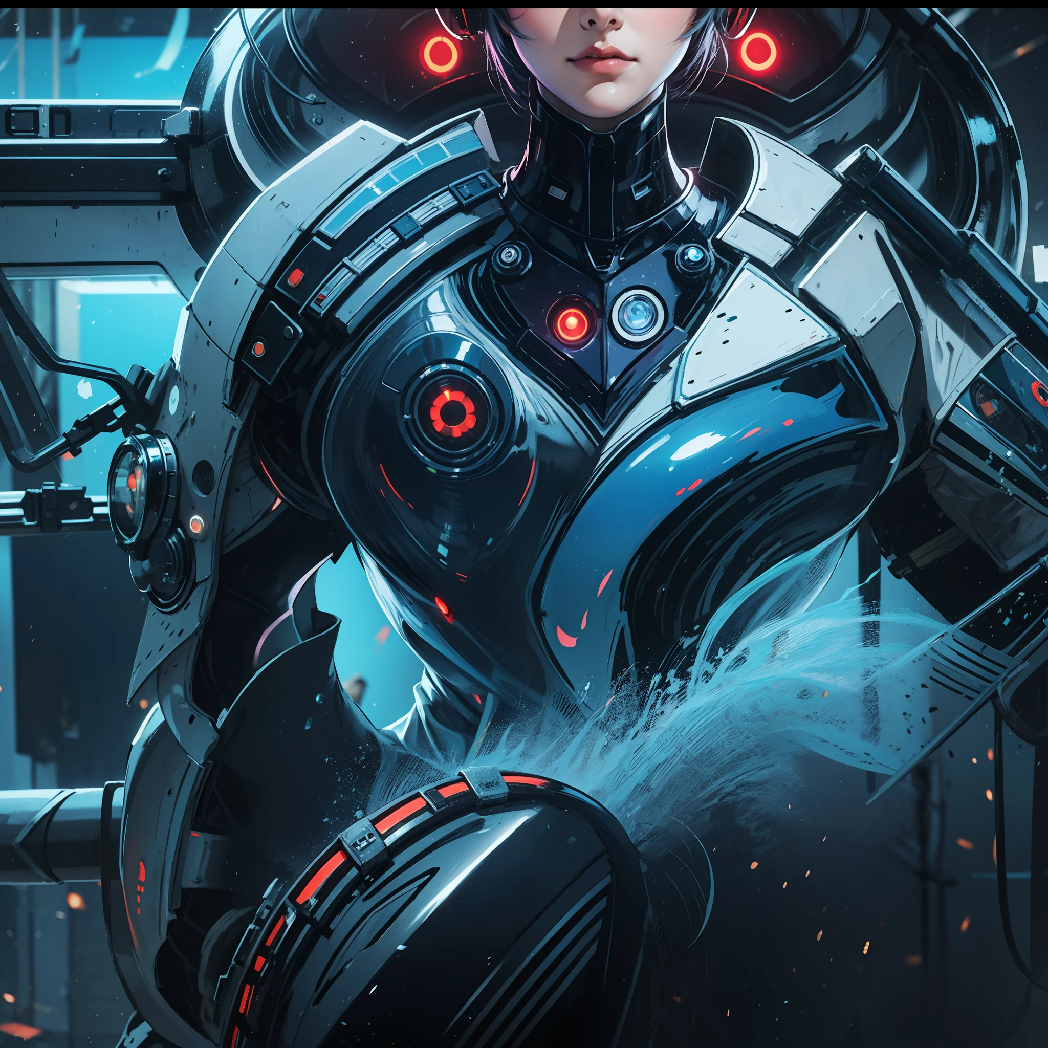 (masterpiece, best quality, grainy,extremely detailed:1.2) BREAK detailed spaceship interior BREAK girl, Bioluminescence details, futuristic armor, futuristic soldier, menacing look, looking down, red eyes, sitting, holding weapon with Bioluminescence details,