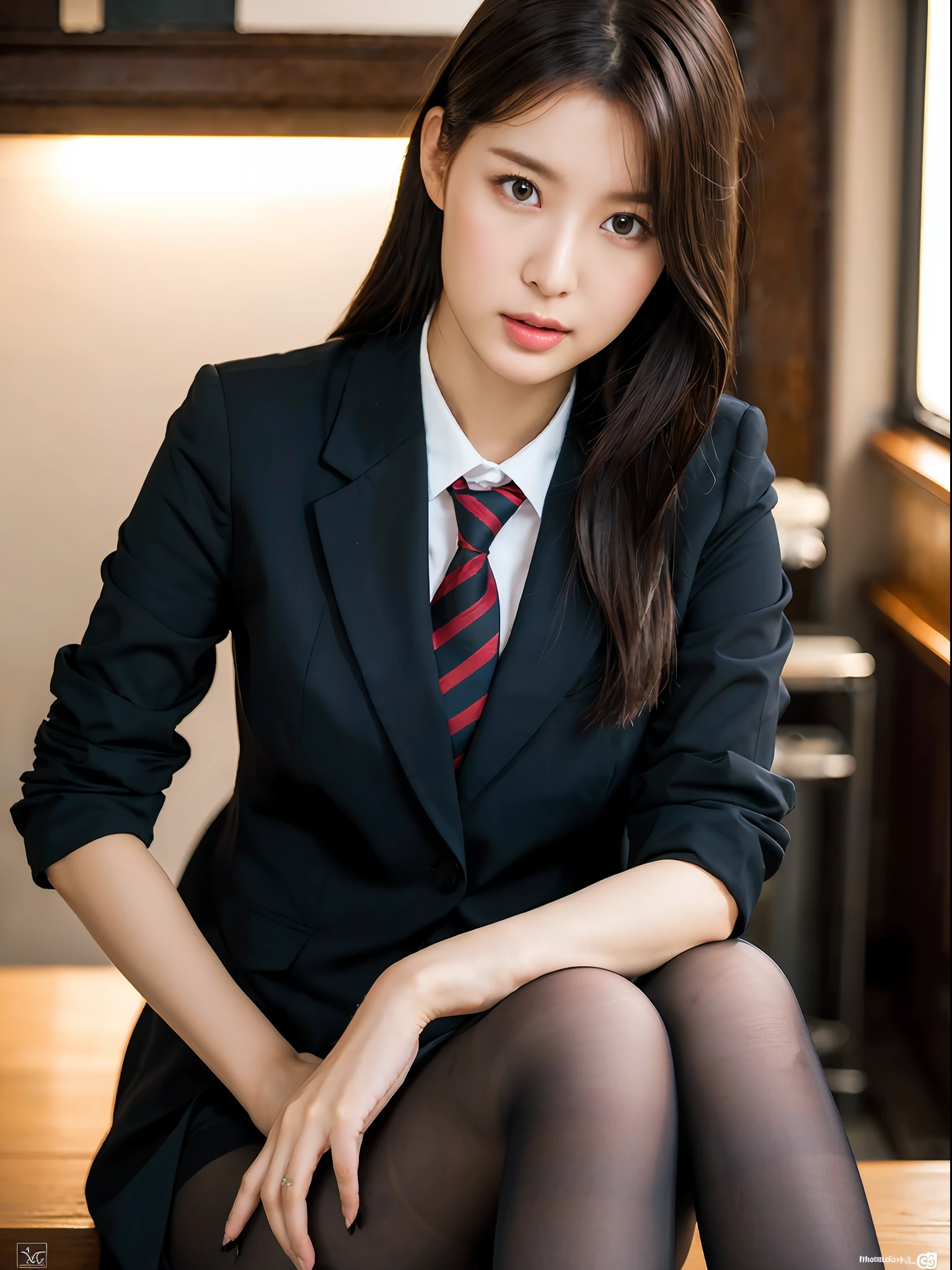 ulzzang-6500-v1.1, (raw photo:1.2), (photorealistic:1.4), beautiful detailed girl, very detailed eyes and face, beautiful detailed eyes, ridiculous, incredibly ridiculous, huge file size, super detailed, high resolution, very detailed, best quality, masterpiece, kemomimi, ((Japanese girls' high school uniform)), illustration, very detailed, CG, unified, 8k wallpaper, amazing, Fine details, masterpiece, best quality, very detailed CG uniform 8k wallpaper, light on face, cinematic lighting, 1girl, , ((no panties)), ((dynamic pose))), (camel toe), (half), (pantyhose), (knee-bending leg sitting))