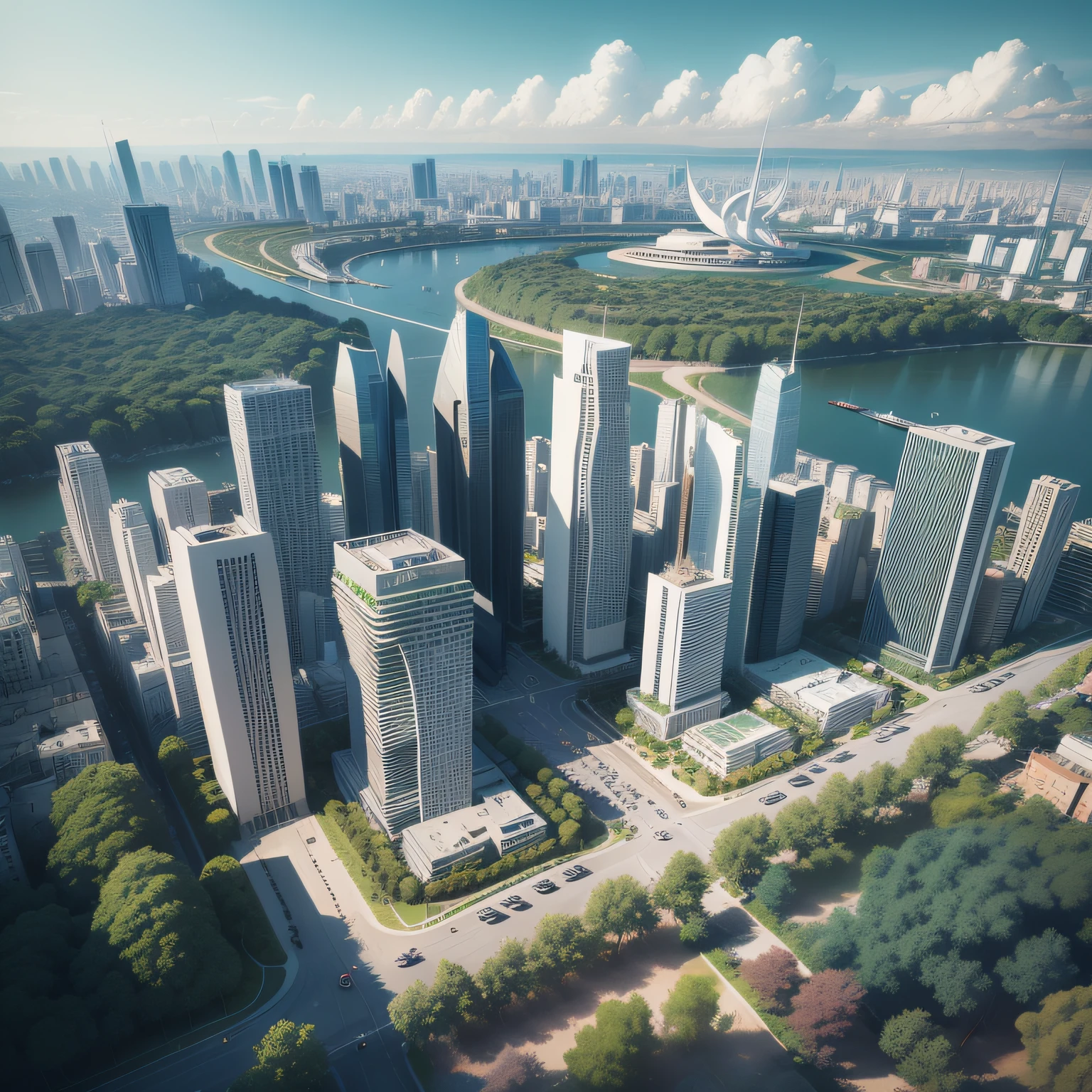 Futuristic architecture, arquitetura premiada, skyscraper architectureCity, photographic style, Rendering, Alameda de plane trees, Highly detailed dream building in the architectural styles of Oscar Niemeyer and Ernst Haeckel :: arquiteturacore :: High contrast wide avenue in front full of trees, plane trees