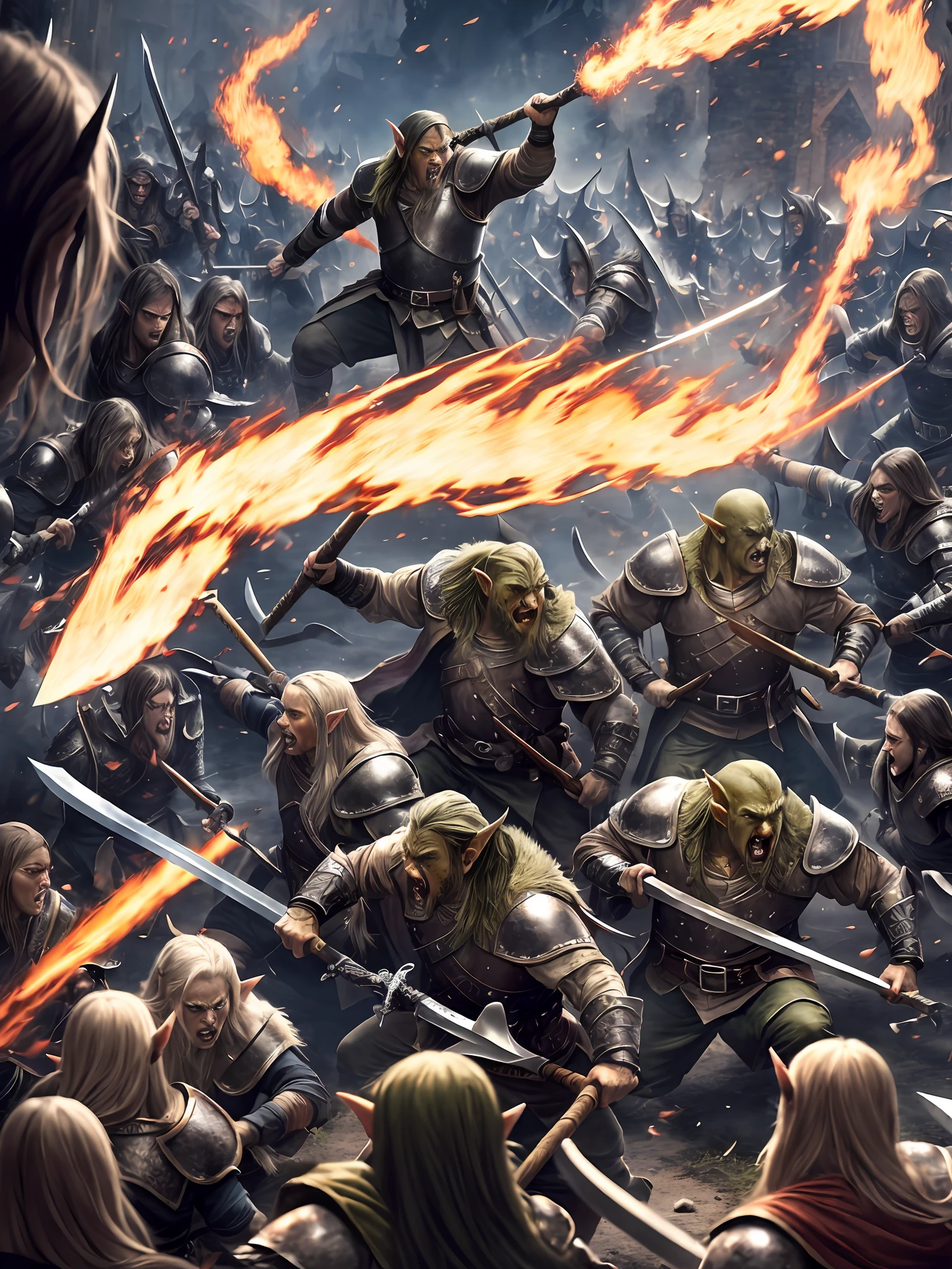 Description: A chaotic image of a medieval battlefield engulfed in chaos. Elves and orcs face each other in an intense and desperate fight. The composition reveals a scenario full of action, with fallen bodies and debris scattered on the ground. The elves, agile and graceful, deftly dodge the brutal attacks of the orcs. While some elves wield swords masterfully, others unleash devastating arcane spells. In contrast, orcs demonstrate relentless ferocity, wielding axes and hammers with frightening force. The scene is a whirlwind of movement and violence, depicting the rage of war between elves and orcs., Intrincado, Alto Detalhe, dramatic