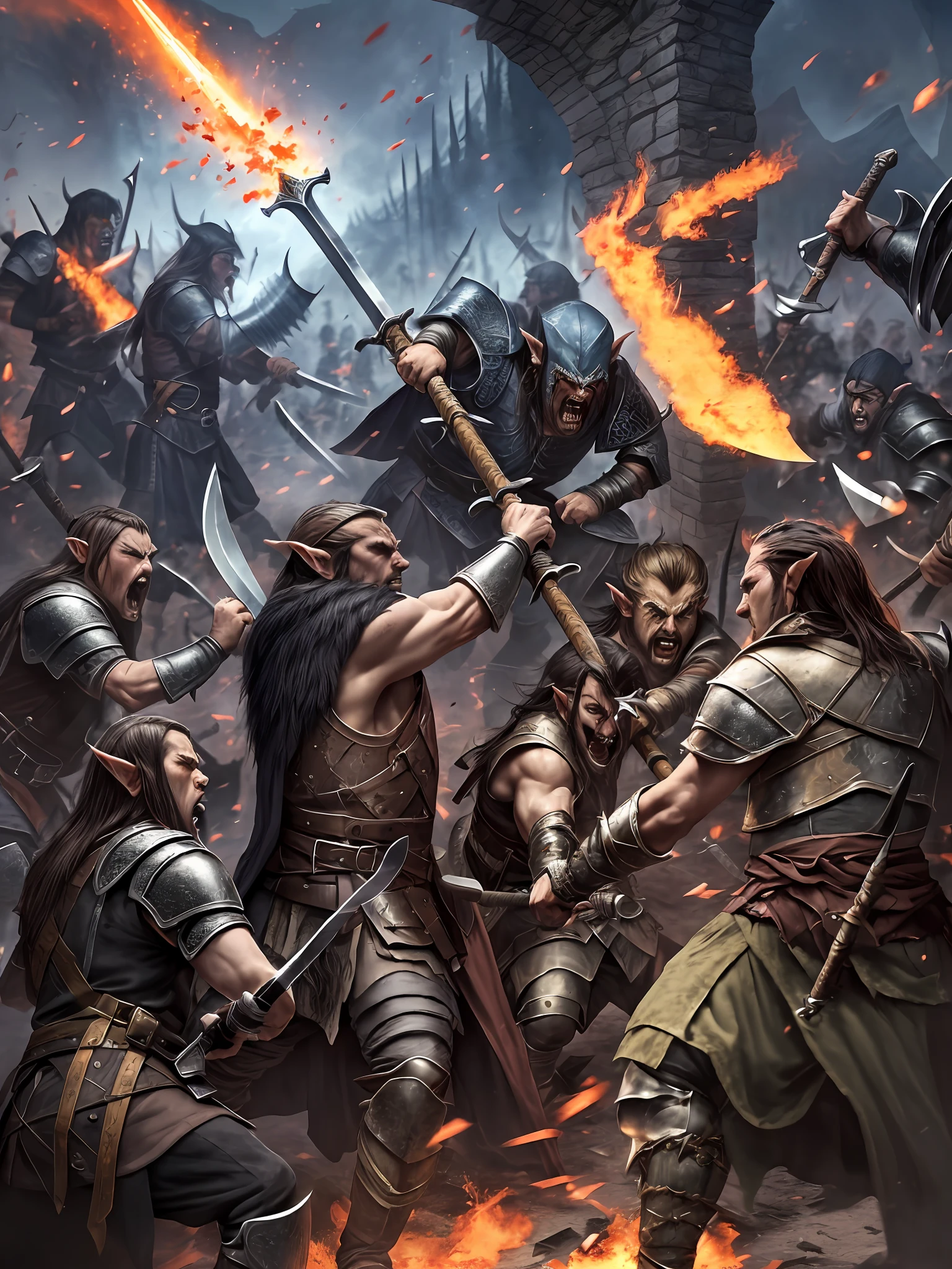 Description: A chaotic image of a medieval battlefield engulfed in chaos. Elves and orcs face each other in an intense and desperate fight. The composition reveals a scenario full of action, with fallen bodies and debris scattered on the ground. The elves, agile and graceful, deftly dodge the brutal attacks of the orcs. While some elves wield swords masterfully, others unleash devastating arcane spells. In contrast, orcs demonstrate relentless ferocity, wielding axes and hammers with frightening force. The scene is a whirlwind of movement and violence, depicting the rage of war between elves and orcs., Intrincado, Alto Detalhe, dramatic