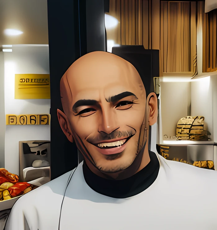 Homem sorridente de camisa preta segurando um prato de comida na cozinha, George Doutsiopoulos, Gary Montalbano, Roberto Bernardi placeholder image, taken in the early 2020s, Michael Dante DiMartino, Toninho Matelli, Stefano Tamburini placeholder image, stefano brunesci, Miguel Pangrazio, foto de um homem branco de 50 anos