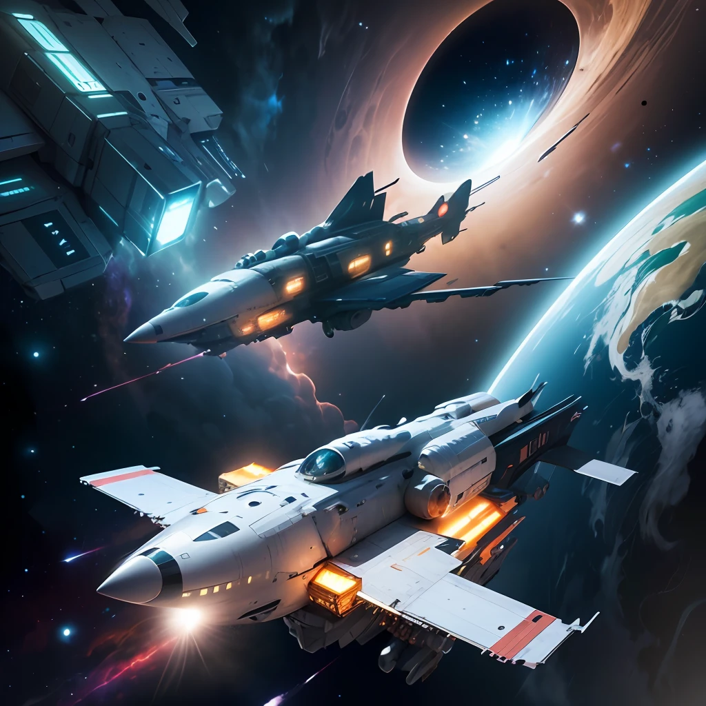 Create an epic battle between two special ships as they vie for the leadership of a space race, inside a huge space station overlooking the black hole, ships moving in and out, sci-fi, metallic --auto --s2