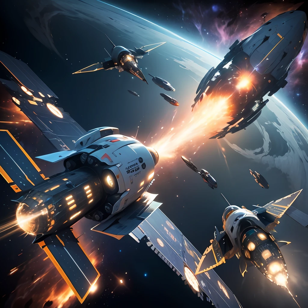 Create an epic battle between two special ships as they vie for the leadership of a space race, inside a huge space station overlooking the black hole, ships moving in and out, sci-fi, metallic --auto --s2