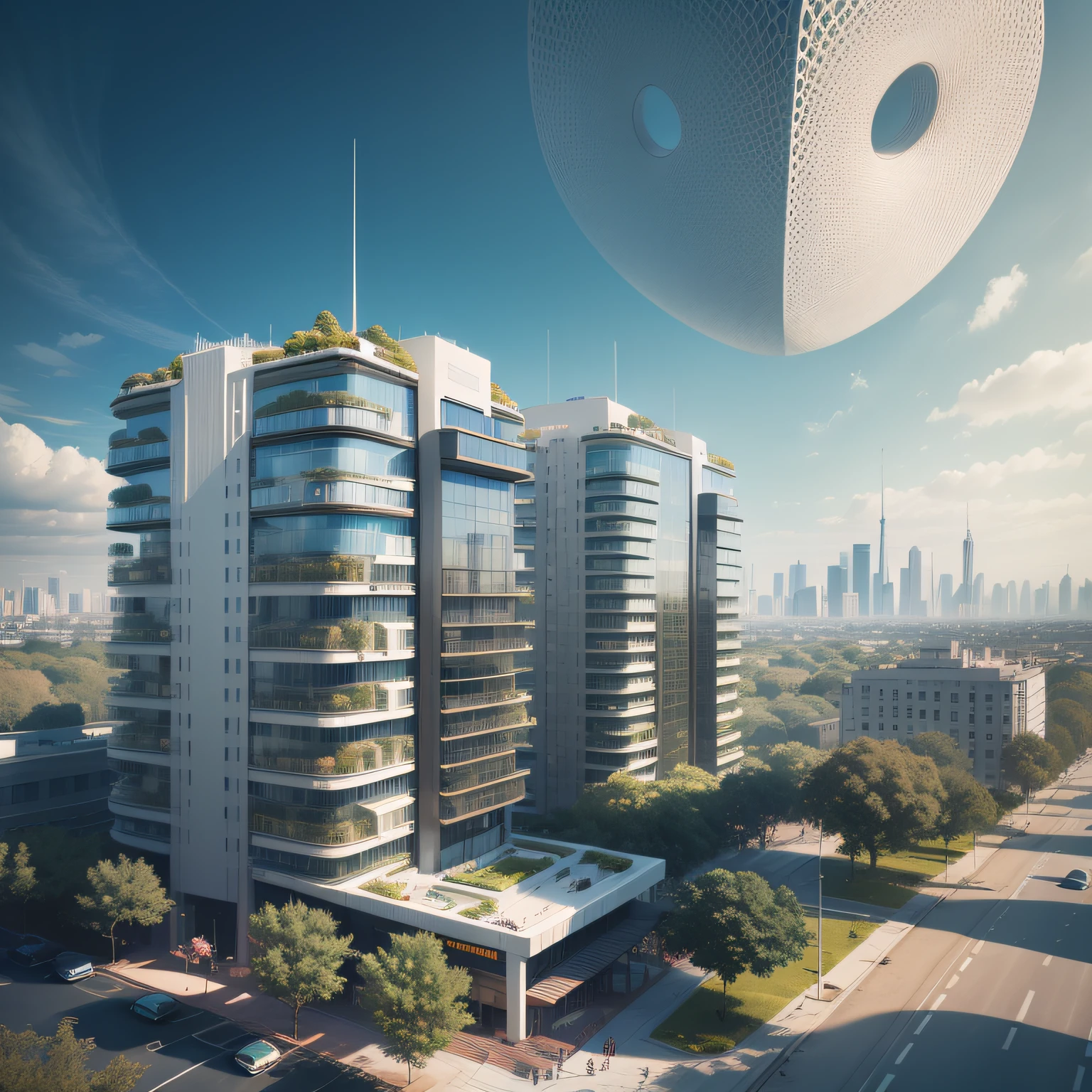 Futuristic architecture, arquitetura premiada, skyscraper architectureCity, photographic style, Rendering, Alameda de plane trees, Highly detailed dream building in the architectural styles of Oscar Niemeyer and Ernst Haeckel :: arquiteturacore :: High contrast wide avenue in front full of trees, plane trees
