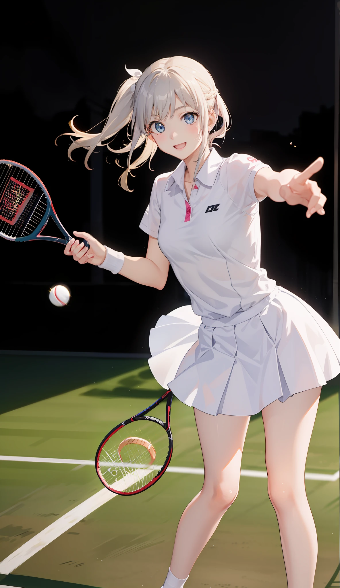 １The girls、shirts、preated skirt、17yearsold、Bob Hair Style、Sorrisos、delightful!、Japanese people、enmaided、Chromo-white skin、Beautiful Eyes、（small tits）、Playing tennis、Wimbledon、Wearing white tennis wear、Movie lighting、