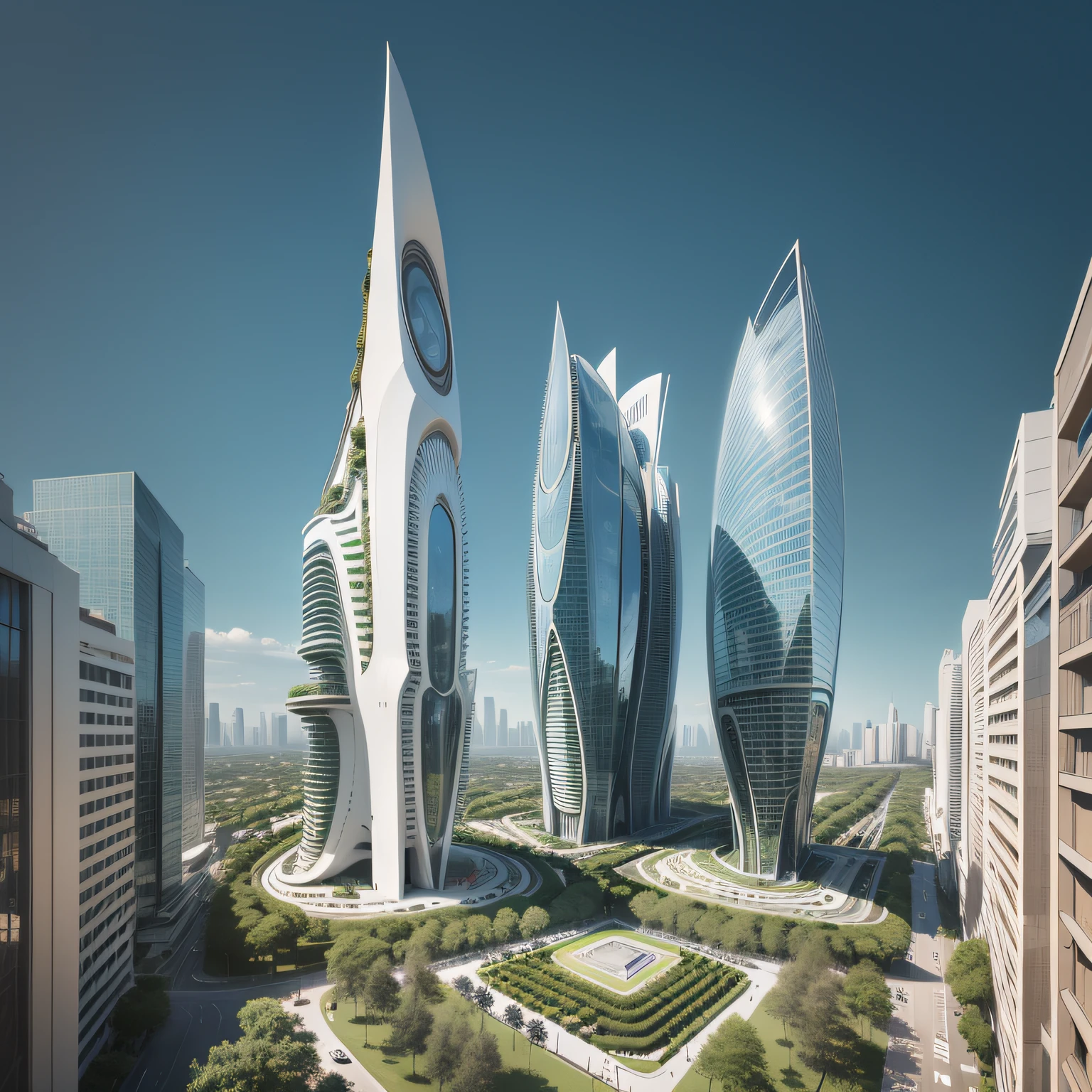 Futuristic architecture, arquitetura premiada, skyscraper architectureCity, photographic style, Rendering, Alameda de plane trees, Highly detailed dream building in the architectural styles of Oscar Niemeyer and Ernst Haeckel :: arquiteturacore :: High contrast wide avenue in front full of trees, plane trees