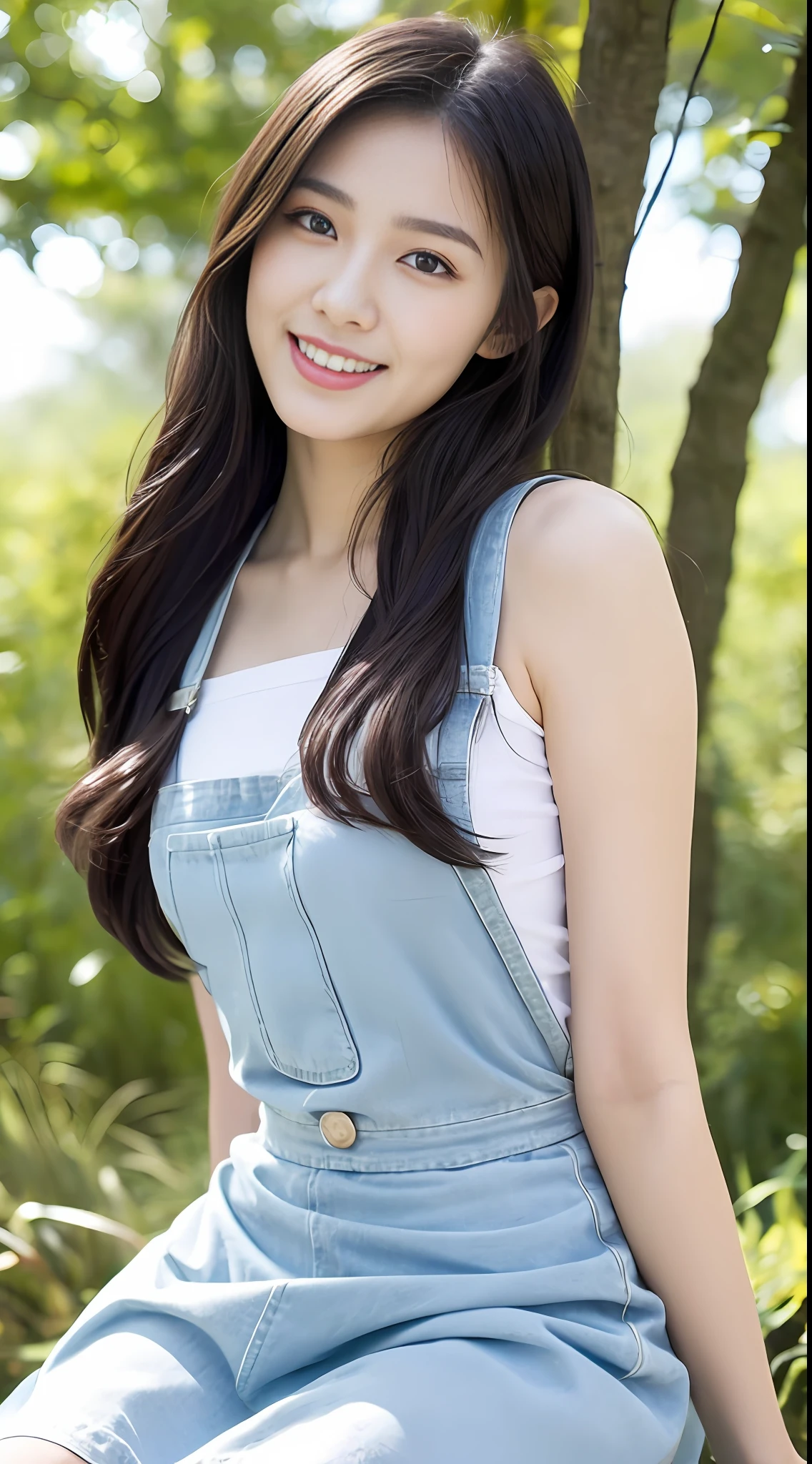 A beautiful and cute girl, full body photo, extremely beautiful and delicate, black hair, sweet smile, delicate beautiful fair skin, realistic and realistic, exquisite and complete facial features, detailed facial portrayal, high nose bridge, flowing smooth hair, extremely delicate hair, soft temperament, face light, tall, thin, real, hyper-real, full-body lens, forward tilt angle, ultimate picture quality, highest precision, accurate and perfect human body structure. Blue sky and white clouds, sitting in the woods, blue sky and white clouds, sunlight, (suspenders, long skirts) panties are clearly visible