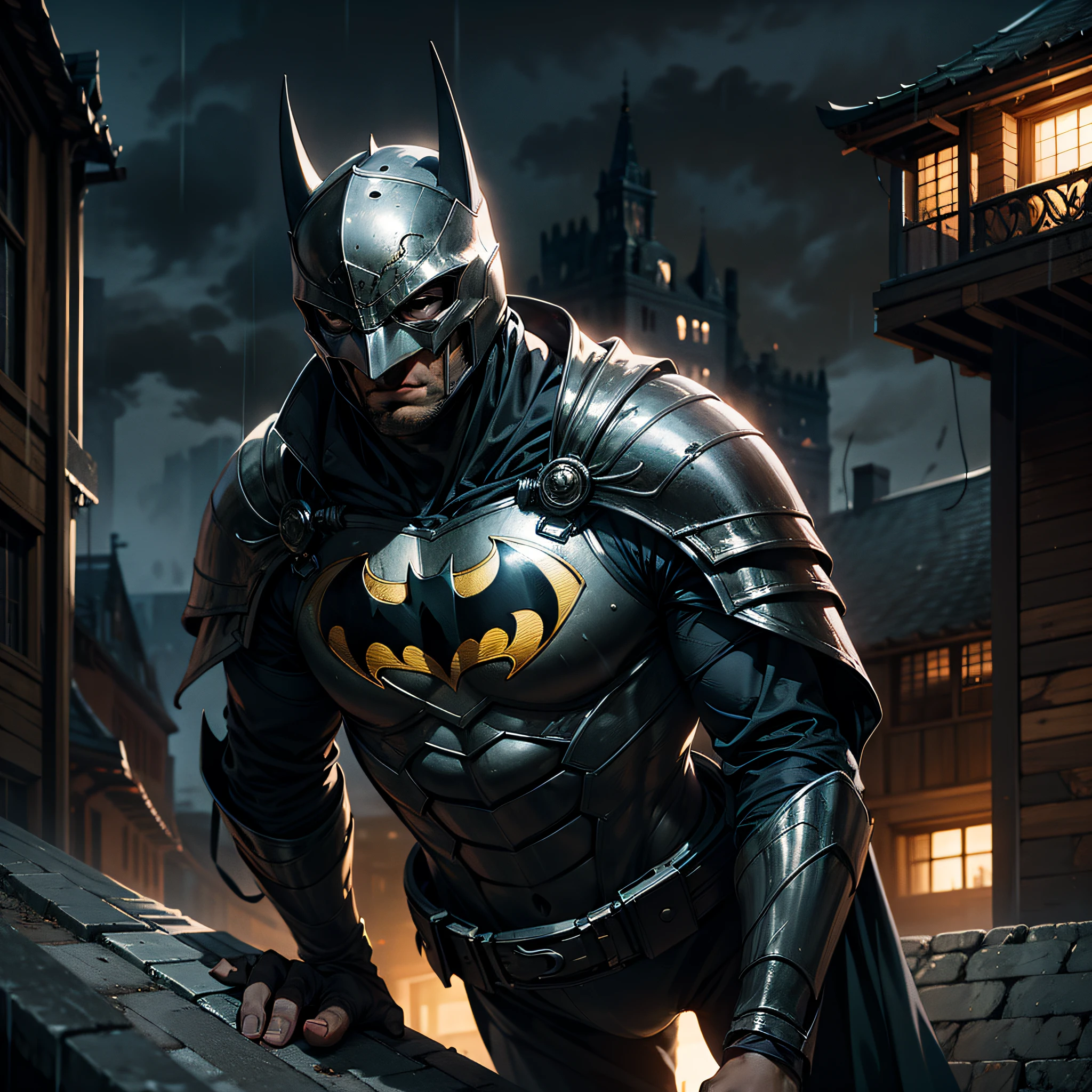 Batman guerreiro vestido com armadura medieval, Scenery medieval city rainy and dark, com neblina densa, neblina densa, Noite escura, Clima de terror, Armadura preta, on top of a building, noite densa, detalhes altos, depth of field, melhor qualidade, Masterpiece, chovendo, Chuva, molhado, fundo desfocado