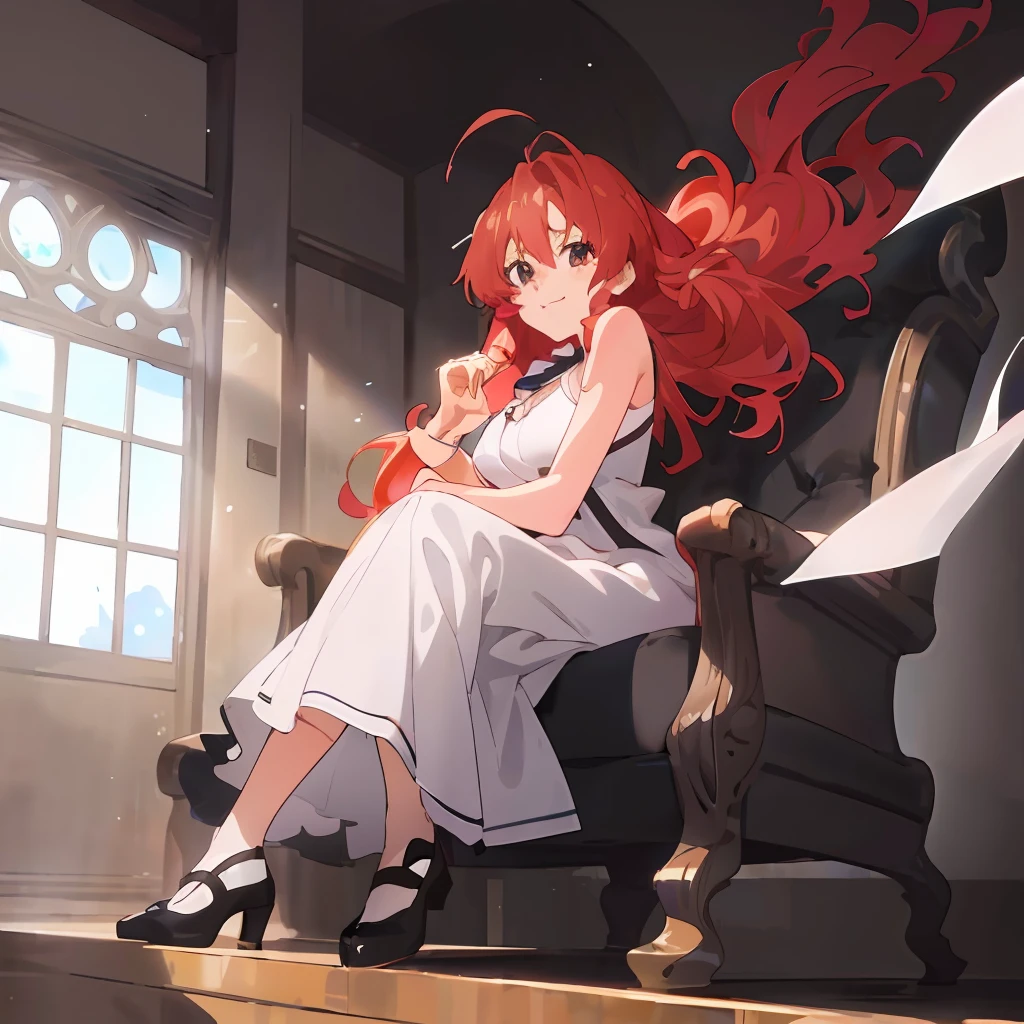 (Ultra detailded、a highres、Kyoto Animation Style Anime Illustration、Top Quality Official Art Feature:1.6)、break、Detailed beautiful face and eyes、Highly detailed body、Nice hands with very detailed hair、perfect hand、beautifull hands、(1girls:1.4)、(kawaii:1.2)、(beauty woman:1.2)、(Big breasts beauty: 1.1)、(wicked smile: 1.2), elegence ,  break, (Idle face: 0.7), Floating hair, Ahoge,red hairs、Wavy semi-long, Medium-sized breasts,(Woman in white dress: 1.2), break,full full body,western building,parlor,Sitting in the president's chair