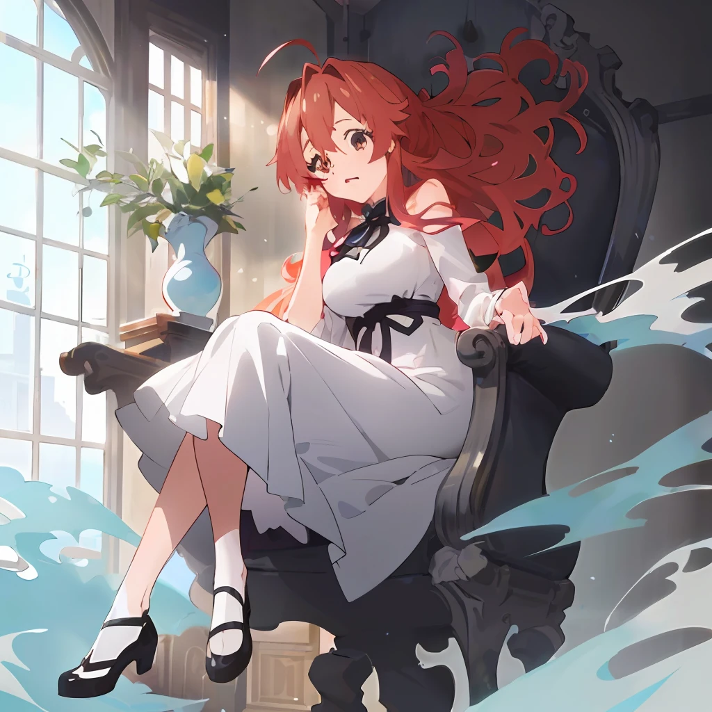 (Ultra detailded、a highres、Kyoto Animation Style Anime Illustration、Top Quality Official Art Feature:1.6)、break、Detailed beautiful face and eyes、Highly detailed body、Nice hands with very detailed hair、perfect hand、beautifull hands、(1girls:1.4)、(kawaii:1.2)、(beauty woman:1.2)、(Big breasts beauty: 1.1)、(wicked smile: 1.2), elegence , break, (Idle face: 0.7), Floating hair, Ahoge,red hairs、Wavy semi-long, Medium-sized breasts,(Woman in white dress: 1.2), break,full full body,western building,parlor,Sitting in the president's chair