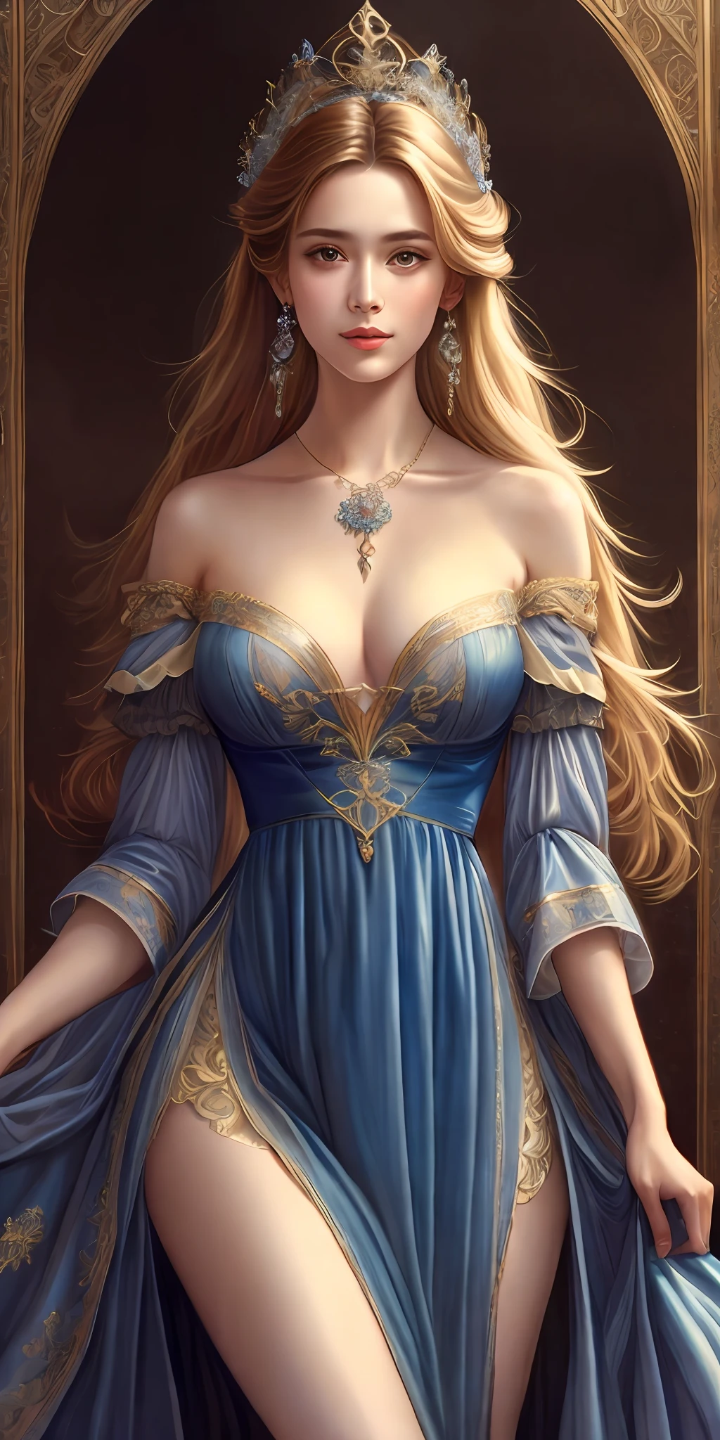 Una pintura de una mujer con una tia y un vestido azul, beautiful fantasy art portrait, hermosa pintura de personajes, hermosa doncella, hermoso cuerpo exuberante, Micro lingerie,beautiful fantasy portrait, hermoso cuerpo semi desnuda,in the art style of bowater, beautiful fantasy maiden, Hermoso retrato detallado, Retrato de princesa, Fantasy Art Portrait, Elegante pintura digital, Arte detallado de alta calidad 8K, Pintura de bello, Retrato de una princesa