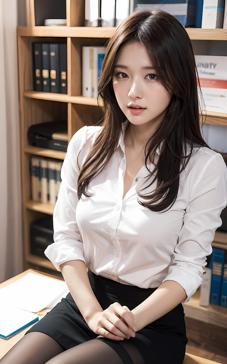 Highly detailed CG Unity 8k wallpaper, top quality, super detailed, masterpiece, realistic, photorealistic, highly detailed cute girl, 25 years old,  black pantyhose, white shirt , get  blush,  parted lips, round eyes, medium breasts, viewer, half body shot  ,office , sitting ,