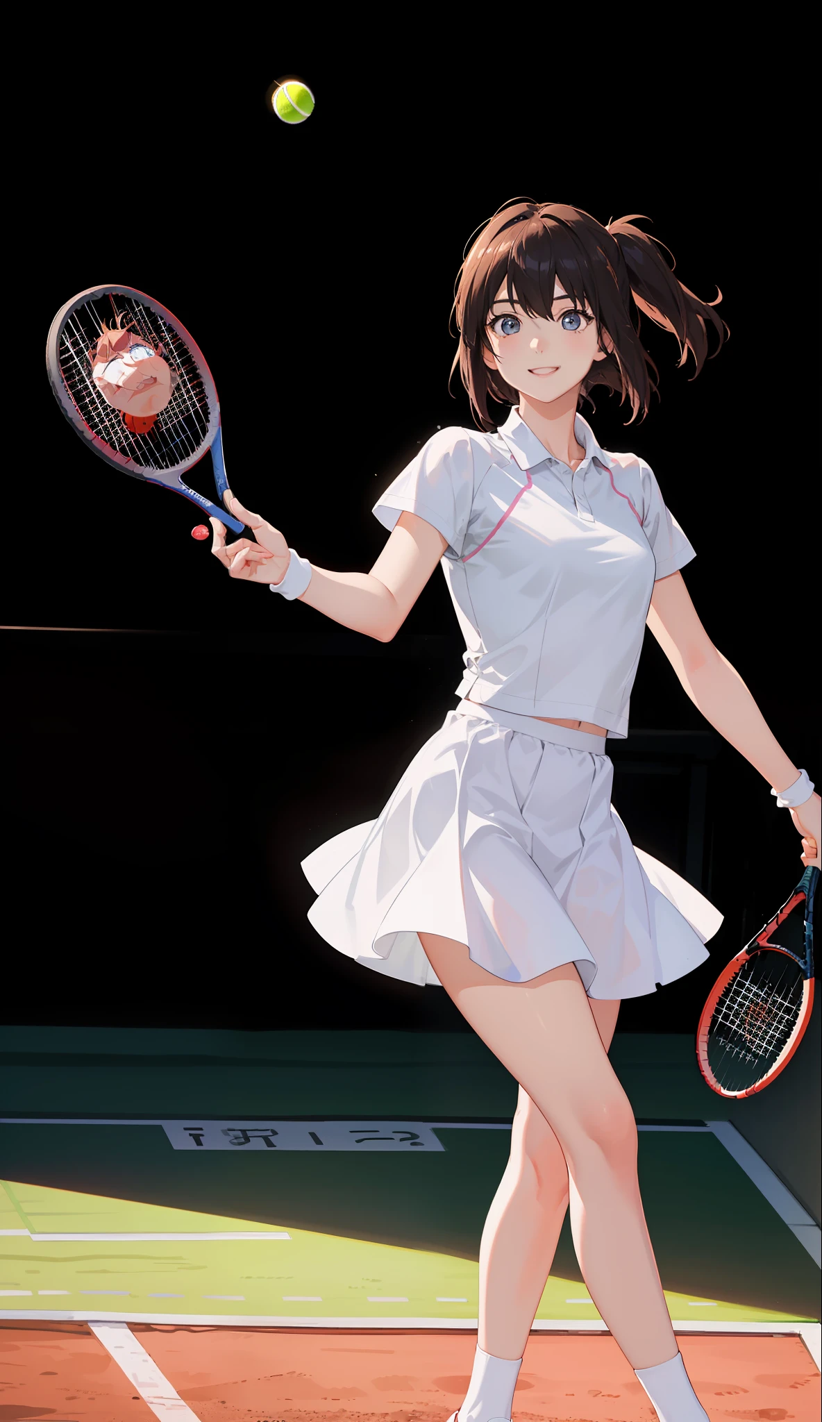 1The girls、shirts、preated skirt、17yearsold、Bob Hair Style、smile on face、delightful!、Japanese people、enmaided、Chromo-white skin、Beautiful Eyes、(small tits)、Playing tennis、Wimbledon、Wearing white tennis wear、Bright lighting、(accurate fingers)、5This refers to、