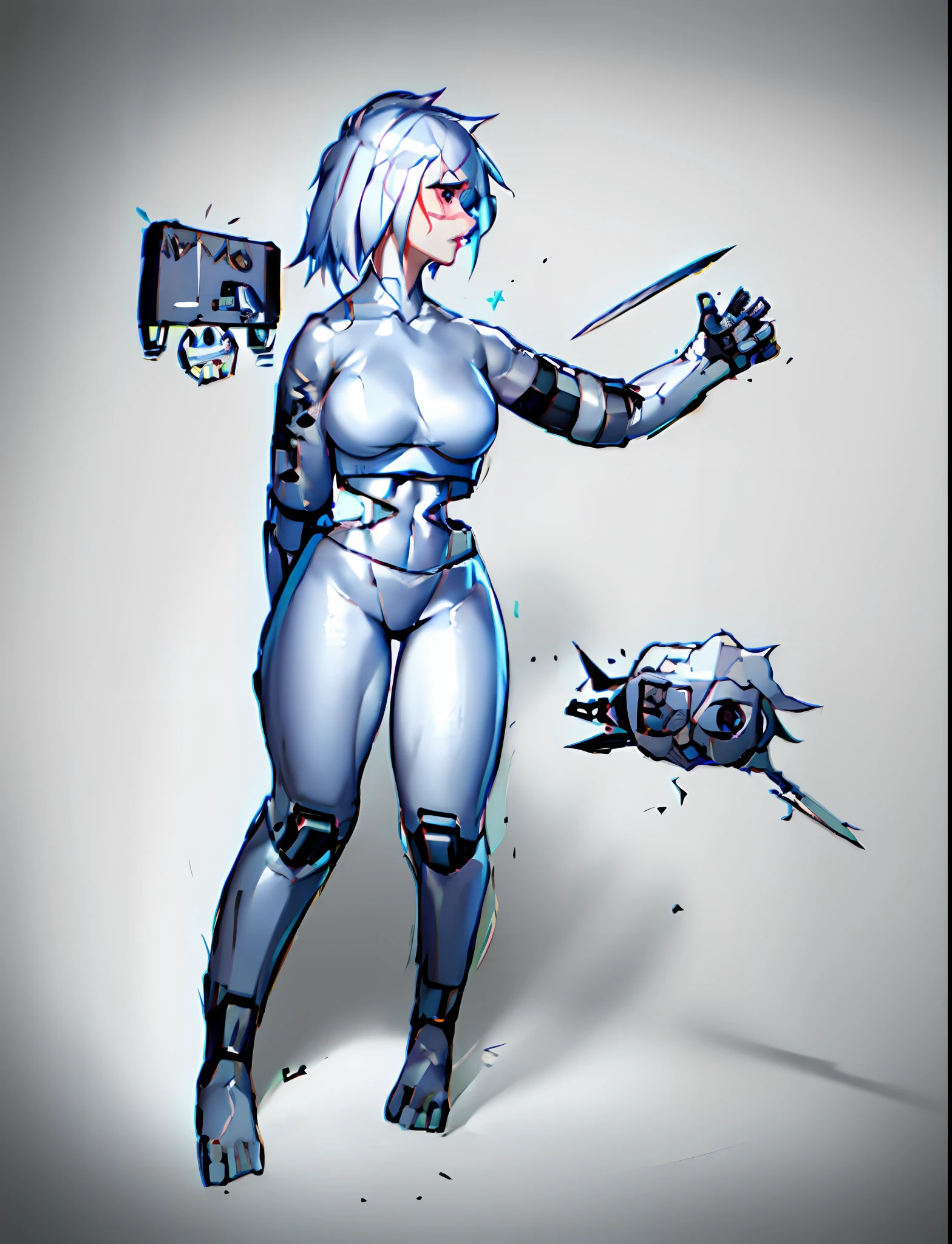 drawing of a woman with a knife and a hole in her hand, full body concept, humanoid form, detailed full body concept, full body!, hands behind her body pose!, full body character drawing, outlined!!!, full body!!, angry female cyborg, pretty face with arms and legs, fully robotic!! catgirl, full body portrait of a short!