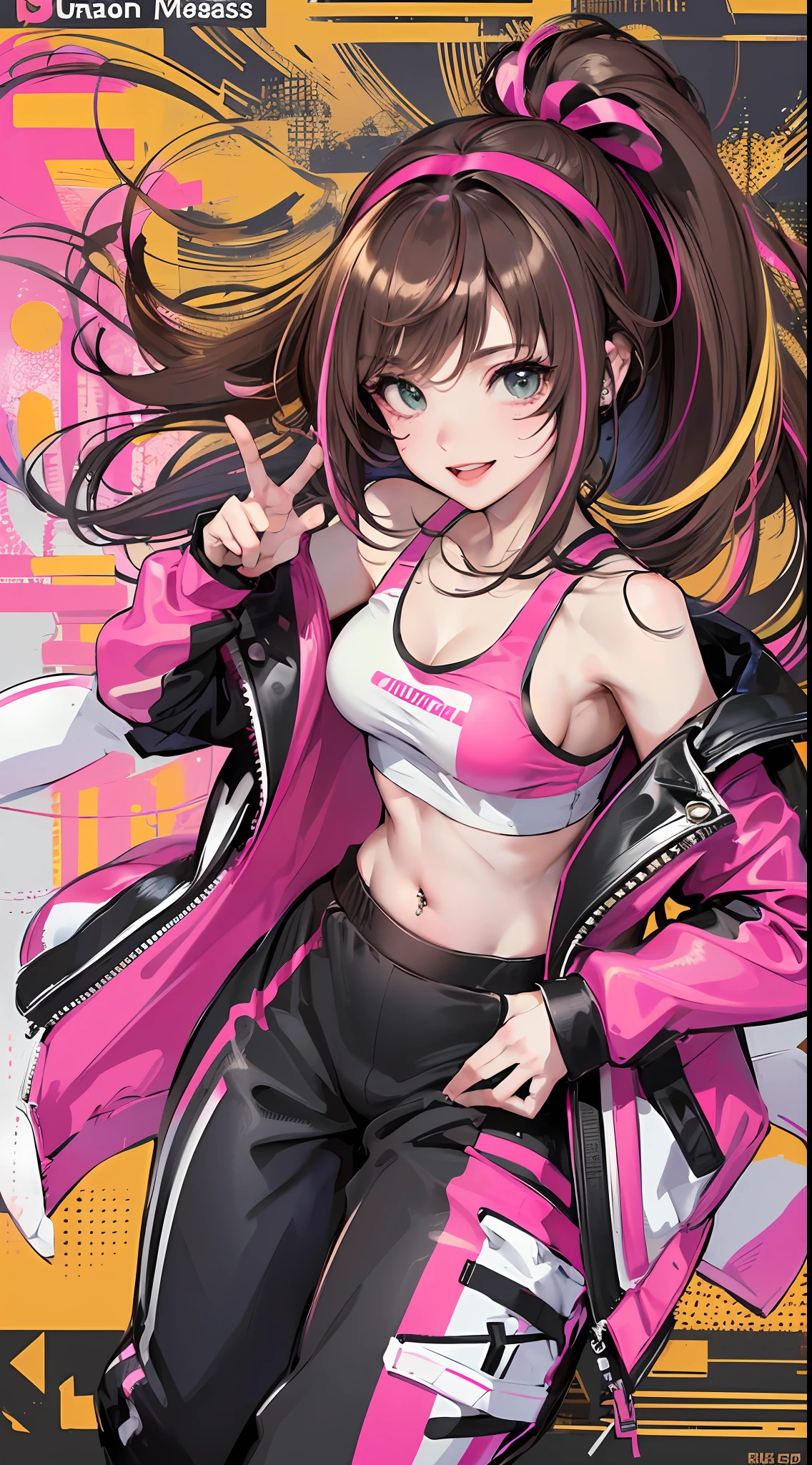 (Best quality, 8k, 32k, Masterpiece, UHD:1.2), kizuna ai, medium breasts,long hair, brown hair, multicolored hair, floating hair, pink hairband, pink highlights, streaked hair, smiling, pink sports bra, full black jogging pants, navel,  road, navel piercing