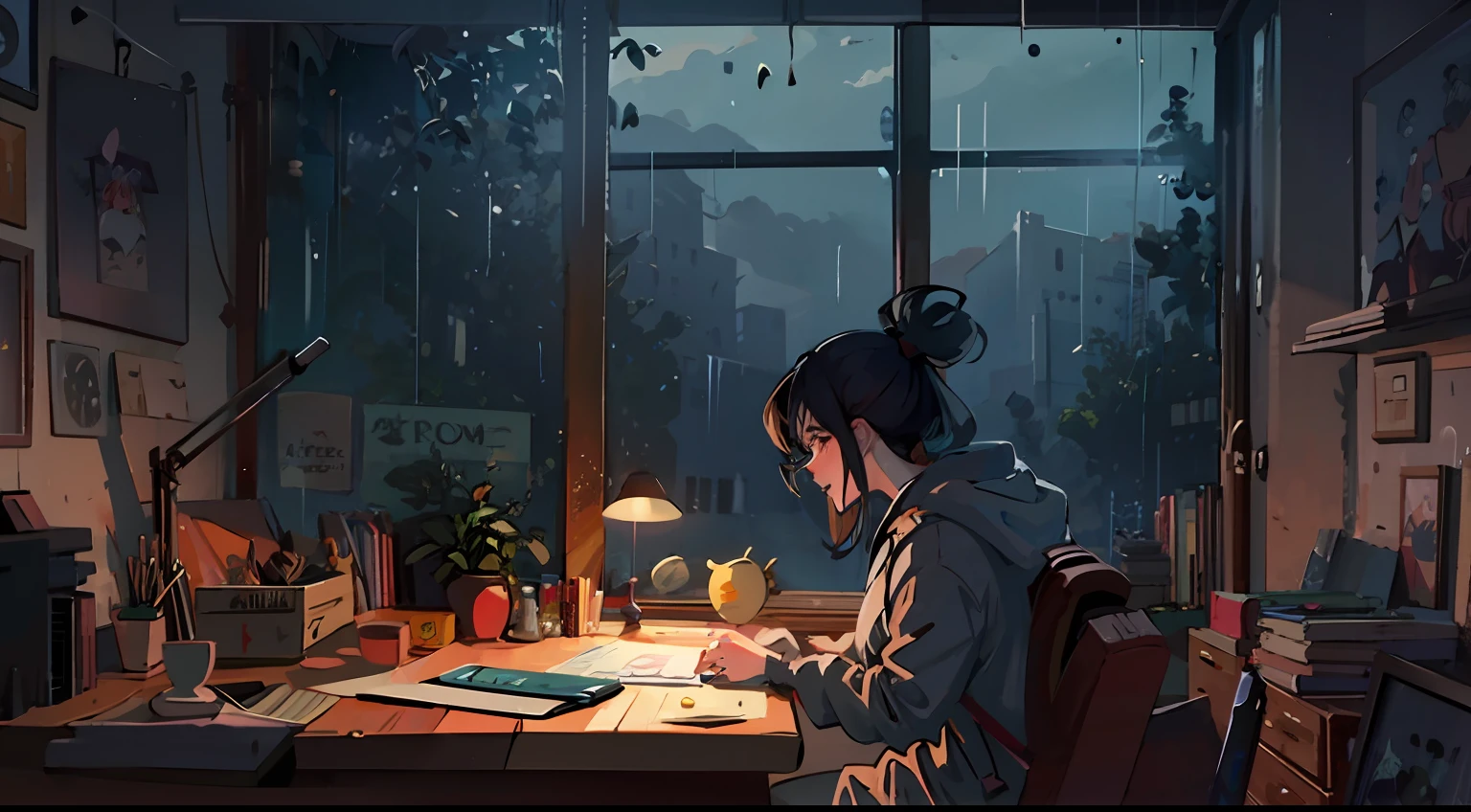 a woman sitting at a desk with a book and a lamp, Clima chuvoso, anime atmospheric, rain aesthetic, raining outside, Dia chuvoso, tarde chuvosa, rainy day outside, Elogio Artstyle, anime aesthetic, menina lofi, artistic. Alena Aenami, anime vibes, Arte Lofi, Anime Art Wallpaper 4K, Anime Art Wallpaper 4K