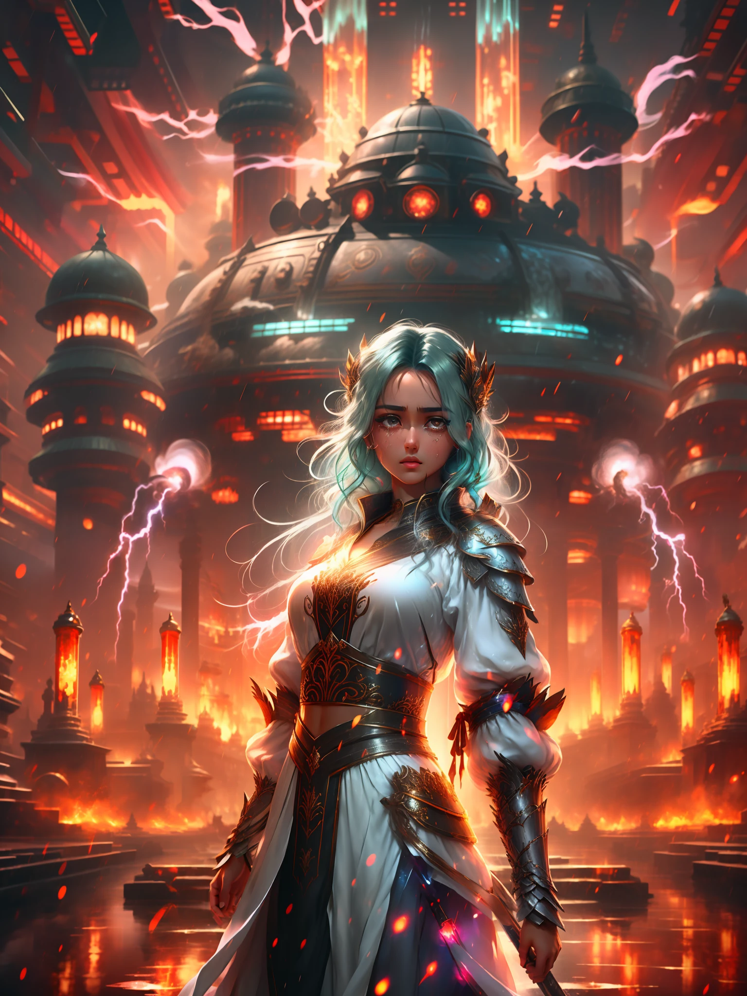 Masterpiece, exquisite, illustration, {beautiful and detailed girl}, beautiful and detailed aura, (war fire: 1.2), (nuclear explosion in the background: 1.3), rain, detail lighting, detail water, (beautiful and detailed eyes: 1.1), expression, palace, sky blue hair, scattered hair, long bangs, eyebrows, (white-gray metal armor dress: 1.1), black ribbon, white bow tie, upper abdomen, large forehead, dark flowers, long sleeves, only one, lightning, crying