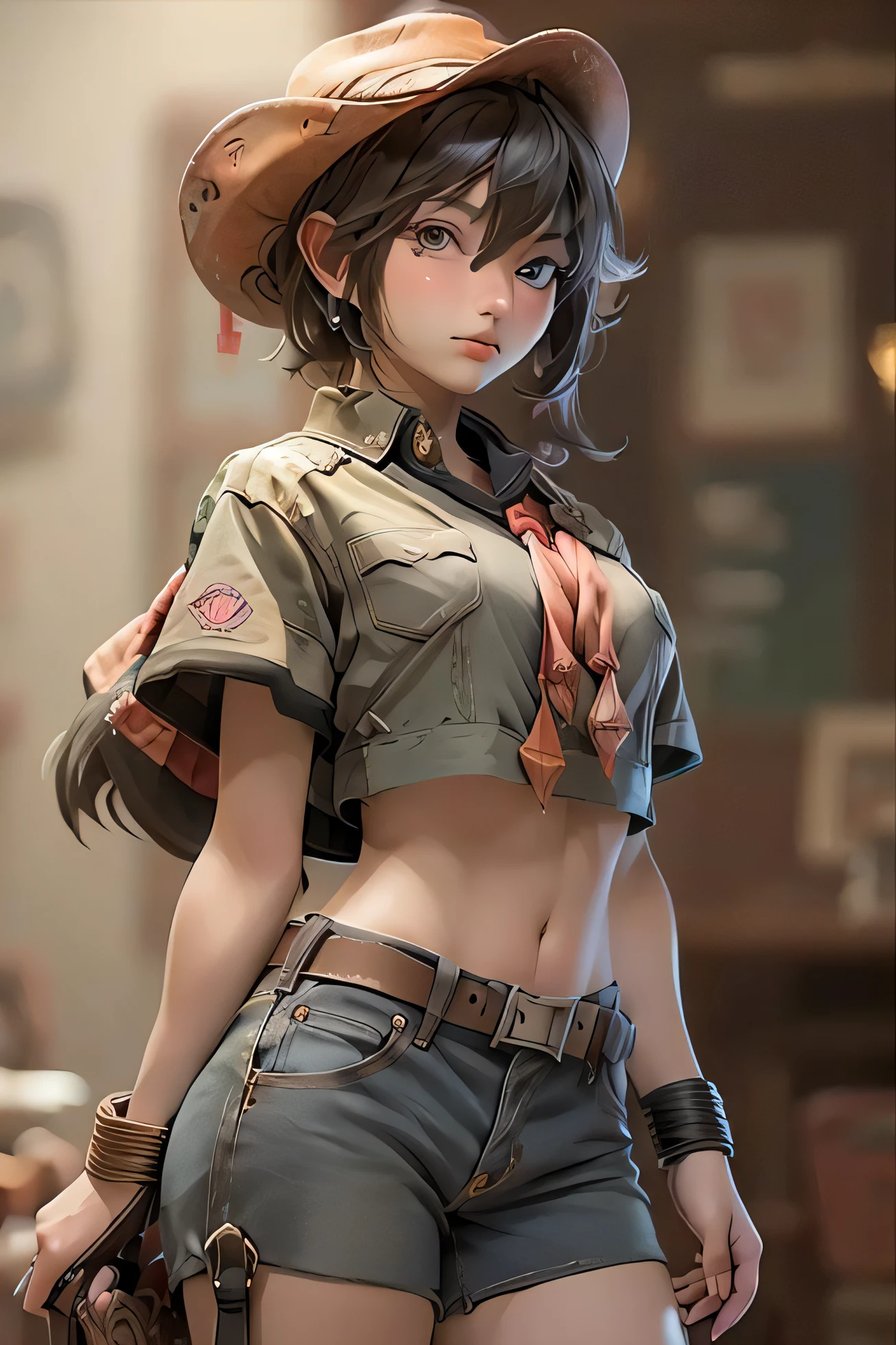 (((((solo))))),(((((masterpiece))))), (((((best quality))))),(((((highly detailed))))),finely detail,Depth of field,detailed clothes, ((cygames)), highres, 1girl, bangs, (beautiful detailed face:1.3), collarbone, brown vest ,collared shirt, blue eyes, golden hair, cleavage, ((cowboy)), (cowboy hat:1.3), fingerless gloves, gloves, hair intakes, hat, medium breasts, navel, neckerchief, red neckerchief, revolver, short hair, short shorts, shorts, thick thighs, thighs, weapon, multiple belts ,cowboy western, ((desert)),