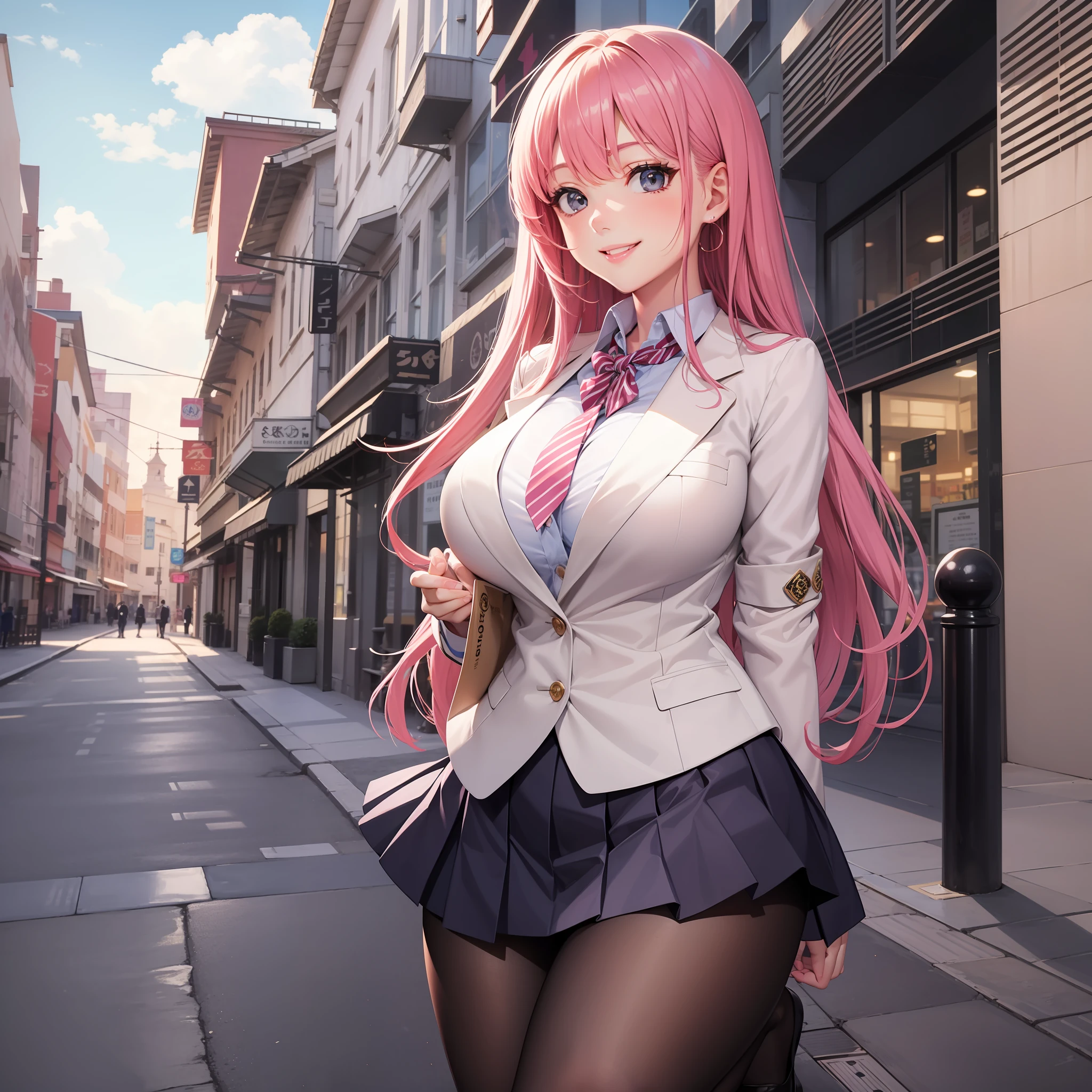 beautyful girl a beautifulchi girl smile on face Long a school uniform blazers Pink hair beste Quality A masterpie ultra-highres massive underboob Loose socks