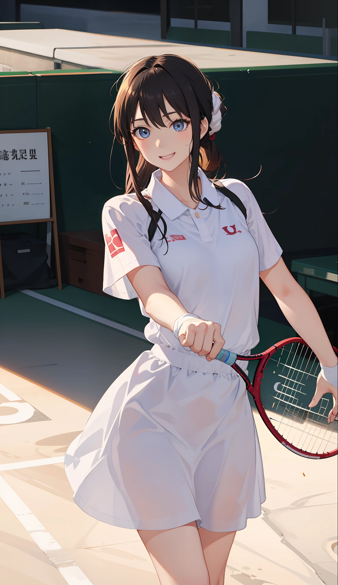 1The girls、shirts、preated skirt、17yearsold、Bob Hair Style、smile on face、delightful!、Japanese people、enmaided、Chromo-white skin、Beautiful Eyes、(small tits)、Moving、Wimbledon、(Wearing white tennis wear)、Bright lighting、(correct5This refers to)、I don't have a racket.、