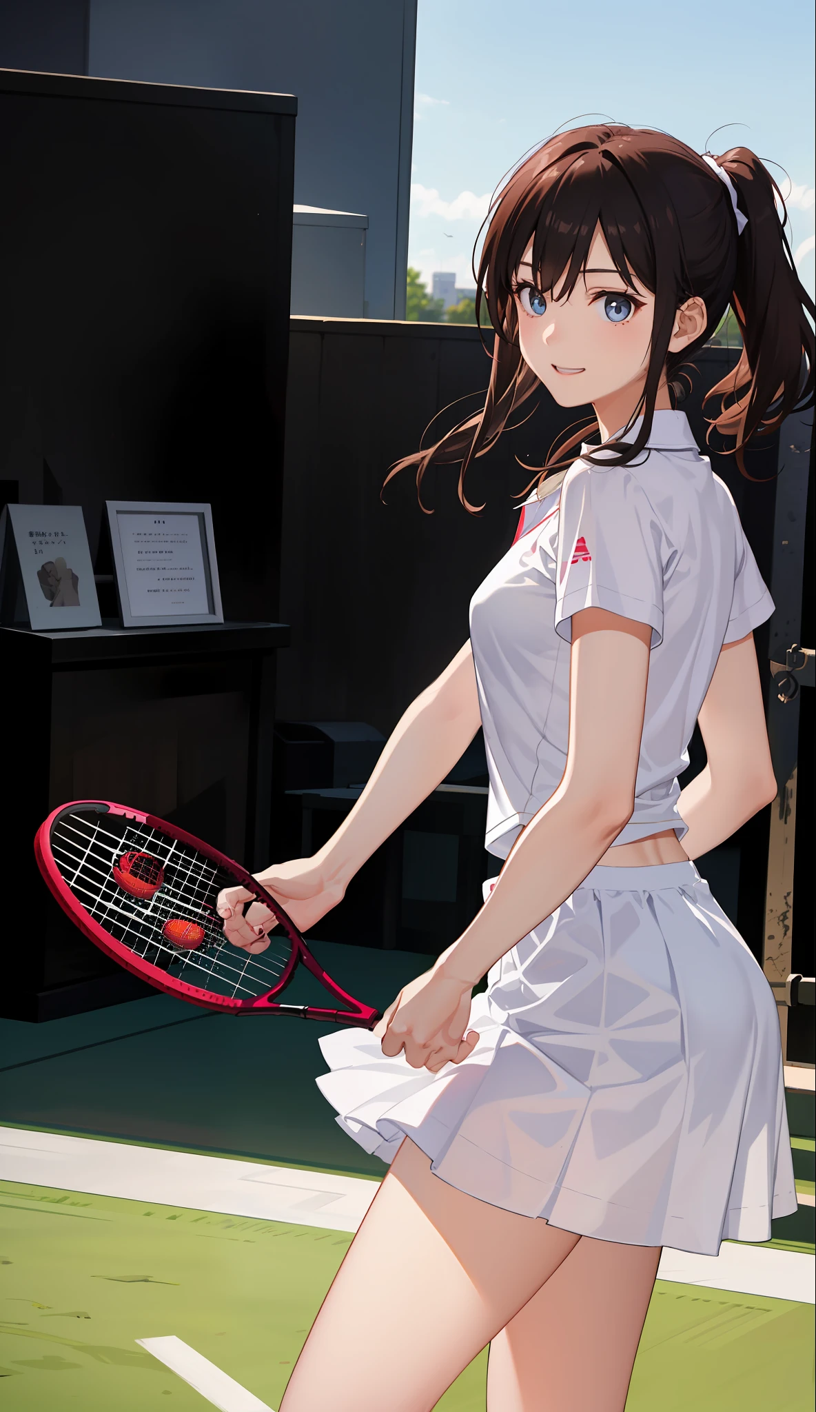 1The girls、shirts、preated skirt、17yearsold、Bob Hair Style、smile on face、delightful!、Japanese people、enmaided、Chromo-white skin、Beautiful Eyes、(small tits)、Moving、Wimbledon、(Wearing white tennis wear)、Bright lighting、(correct5This refers to)、I don't have a racket.、