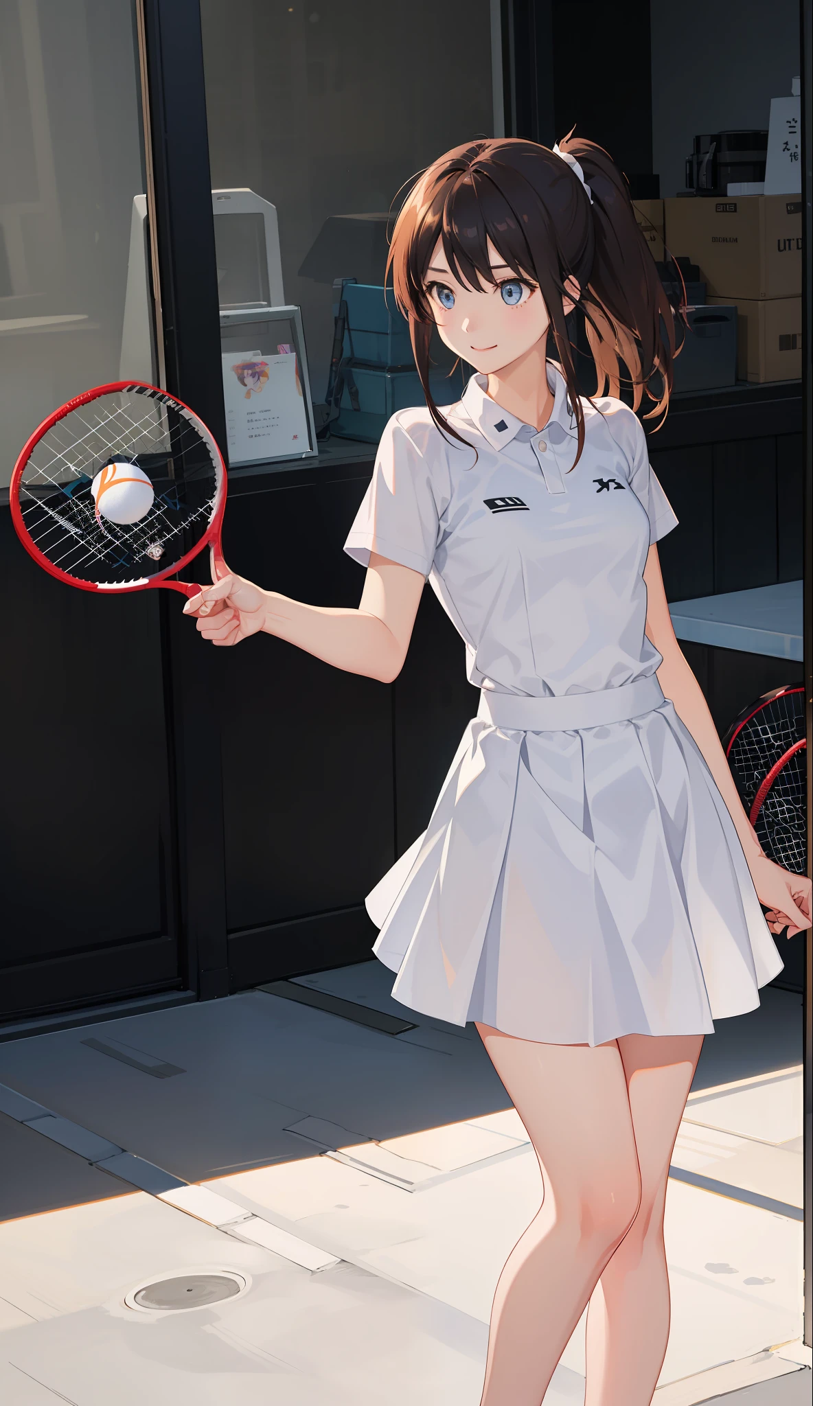 １The girls、shirts、preated skirt、、Bob Hair Style、smile on face、delightful!、Japanese people、enmaided、Chromo-white skin、Beautiful Eyes、（small tits）、Moviimbledon、（Wearing white tennis wear）、Bright lighting、（correct５This refers to）、I don't have a racket.、