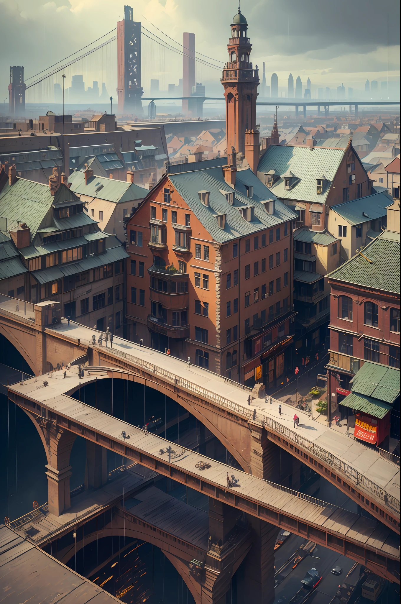 ((masterpiece)),((best quality)),((high detial)),((realistic,)) Industrial age city, deep canyons in the middle, architectural streets, bazaars, Bridges, rainy days, steampunk, European architecture --auto