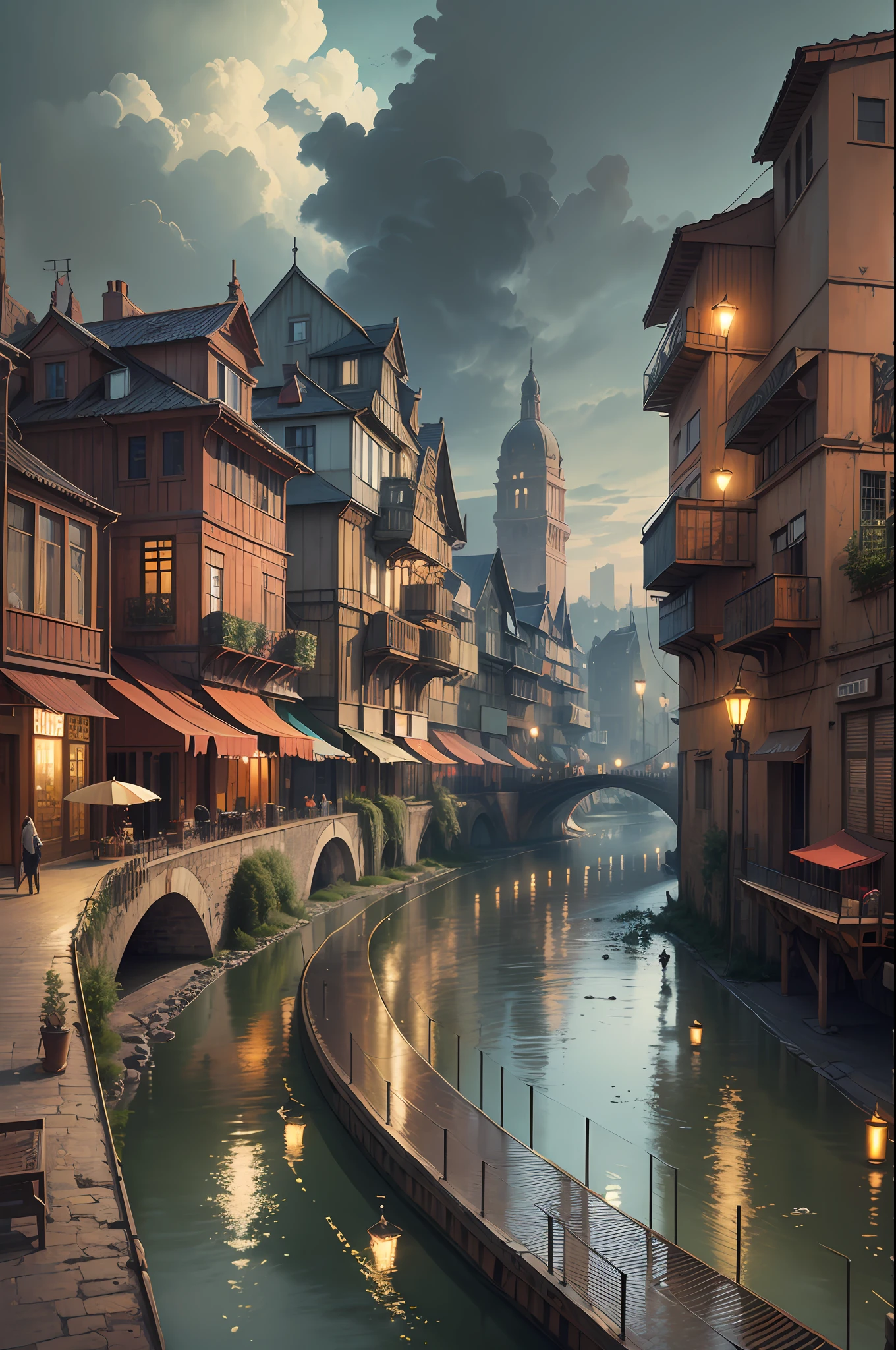 ((masterpiece)),((best quality)),((high detial)),((realistic,)) Industrial age city, deep canyons in the middle, architectural streets, bazaars, Bridges, rainy days, steampunk, European architecture --auto