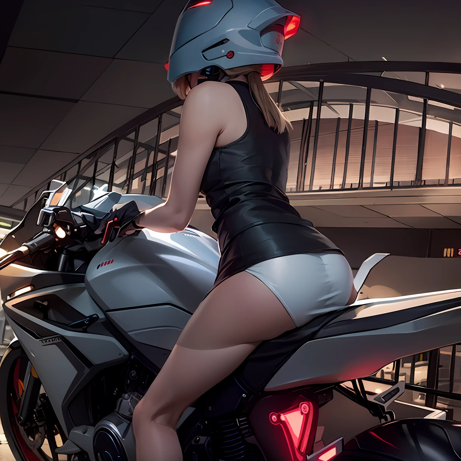 Women wearing mechs,Wearing a helmet and skirt, sitting on cyberpunk motorbike,