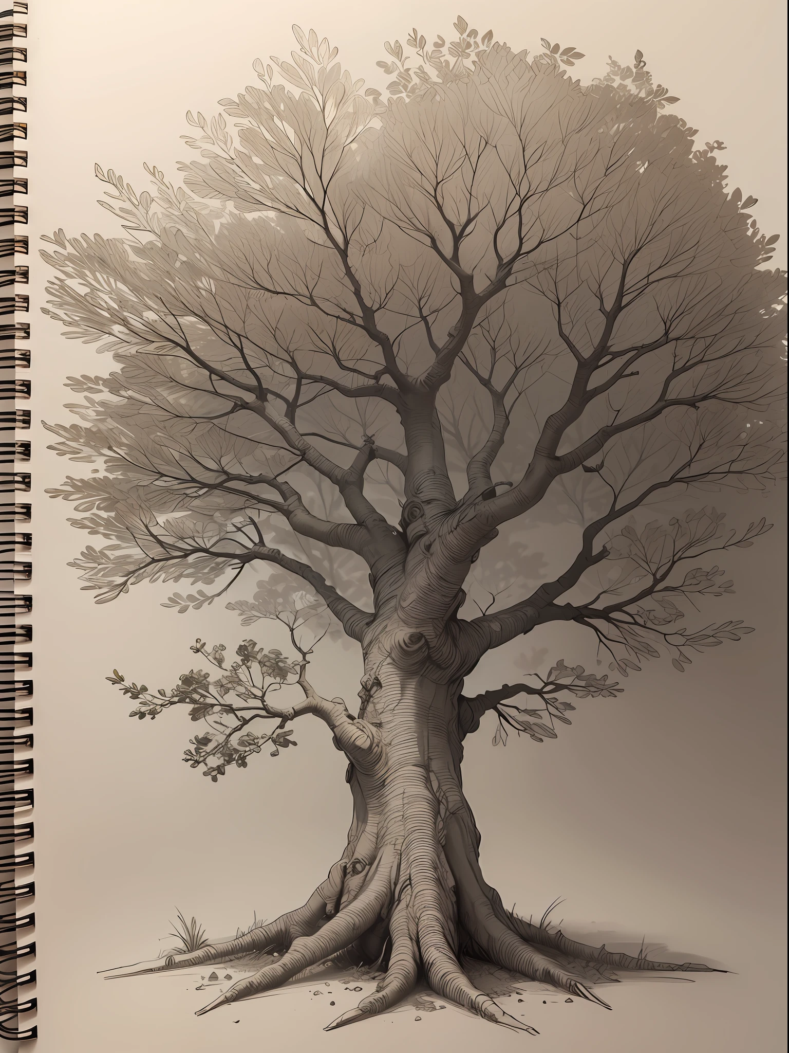 Tree with several branches, detalhado, various branches, folhas de cor laranja, sketch book, 8k, Highresolution, alta qualidade, pencil 2b, 4b pencil, casa pequena em formato de cubo.