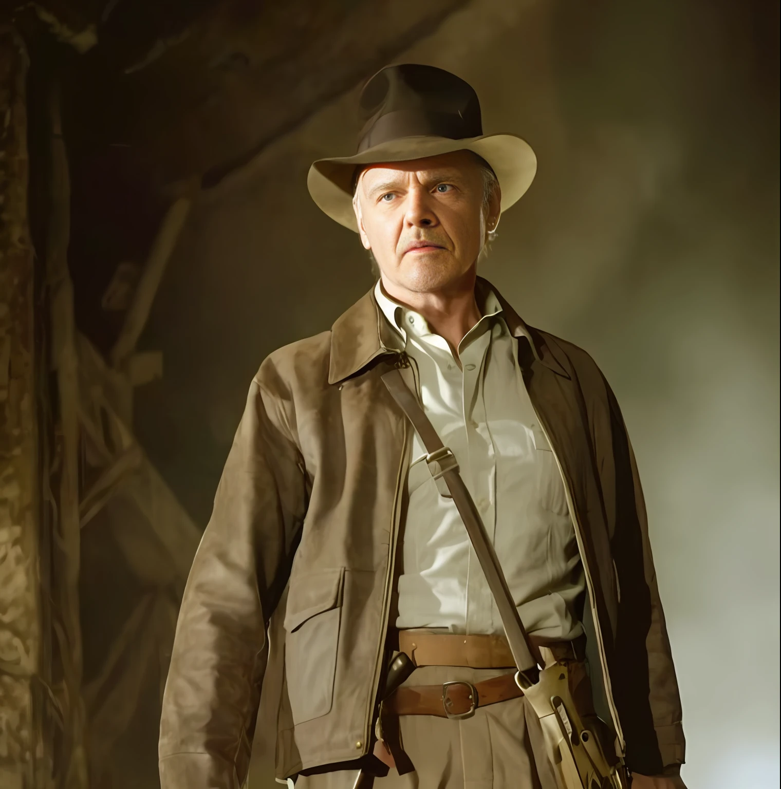 arafed man in a hat and jacket holding a gun, indiana jones, harrison ford from indiana jone, harrison ford, raiders of the lost ark, 🕹️ 😎 🔫 🤖 🚬, 2 0 1 2, 2012, promotional still, 2011, 2 0 1 1, on, fan favorite, anthony hopkins