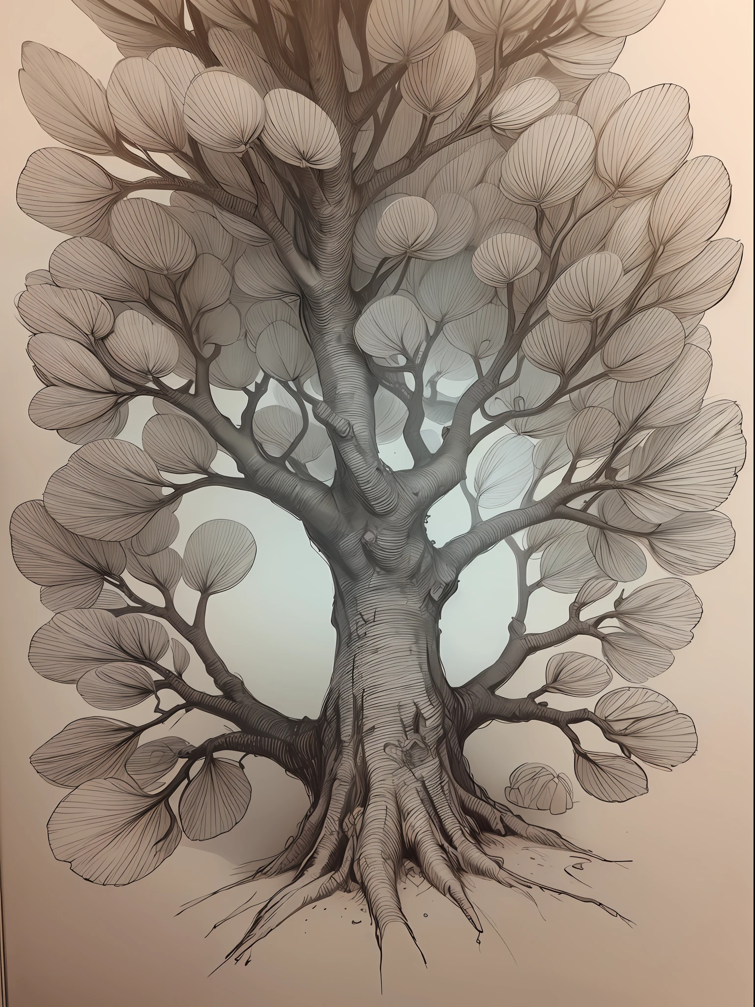 Tree with several branches, detalhado, various branches, folhas de cor laranja, sketch book, 8k, Highresolution, alta qualidade, pencil 2b, 4b pencil, casa pequena em formato de cubo.