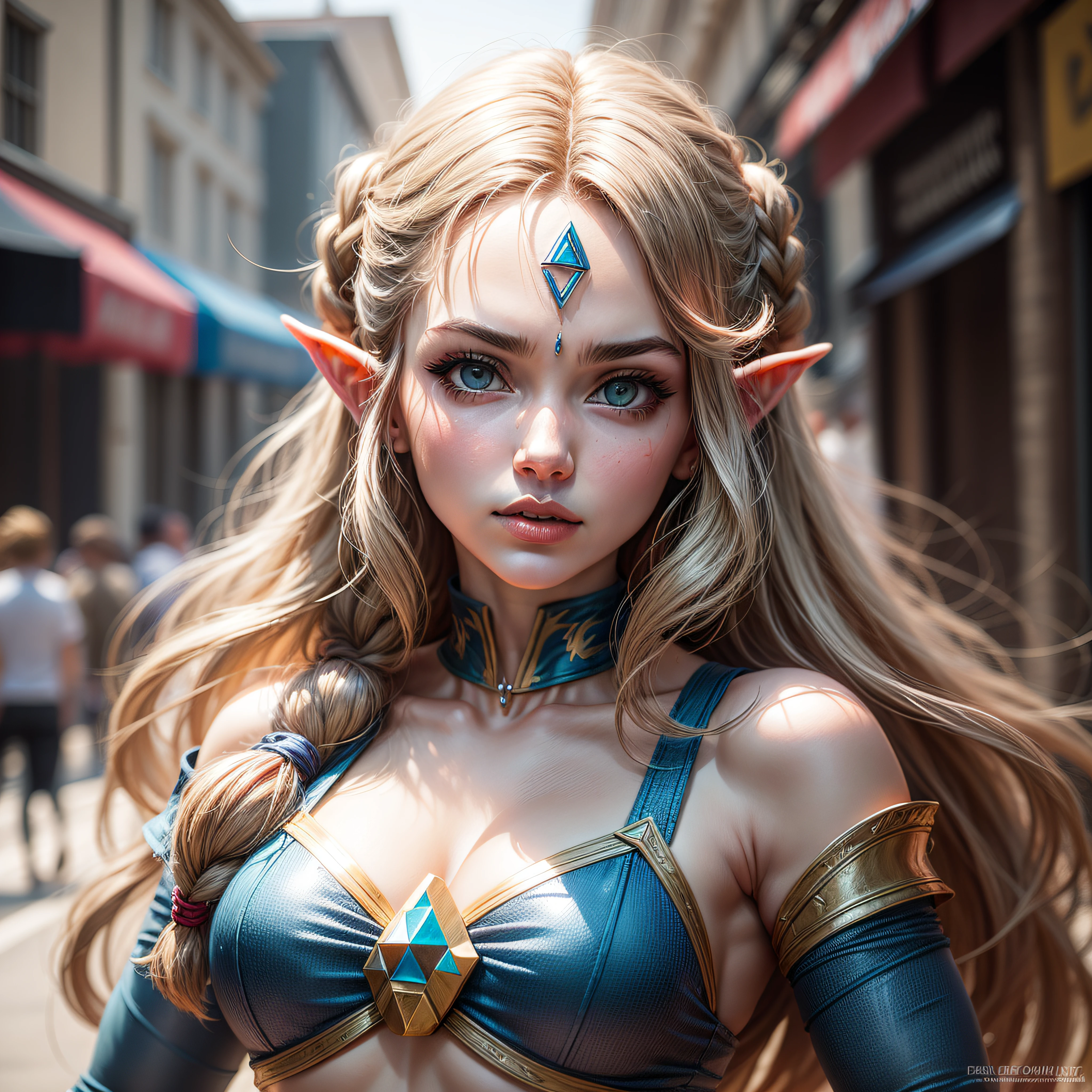 Mulher de cabelos loiros em roupa azul e bege segurando em poses de combate como em street fighter, Zelda, Retrato de Zelda, de lenda de Zelda, Link da lenda de Zelda, link do Zelda, Fotos cosplay, Cosplay ornamentado, Cosplay profissional, Cosplay, Cosplay Completo, Artgerm Moody Fotografia, Princesa Zelda, Zelda como Triforce, Hyrule, Anime Garota Cosplay, ray tracing, ray tracing, ray-traced, 4k, 3d-render, extremanente detalhado, alta qualidade, luz e sombra realistas,