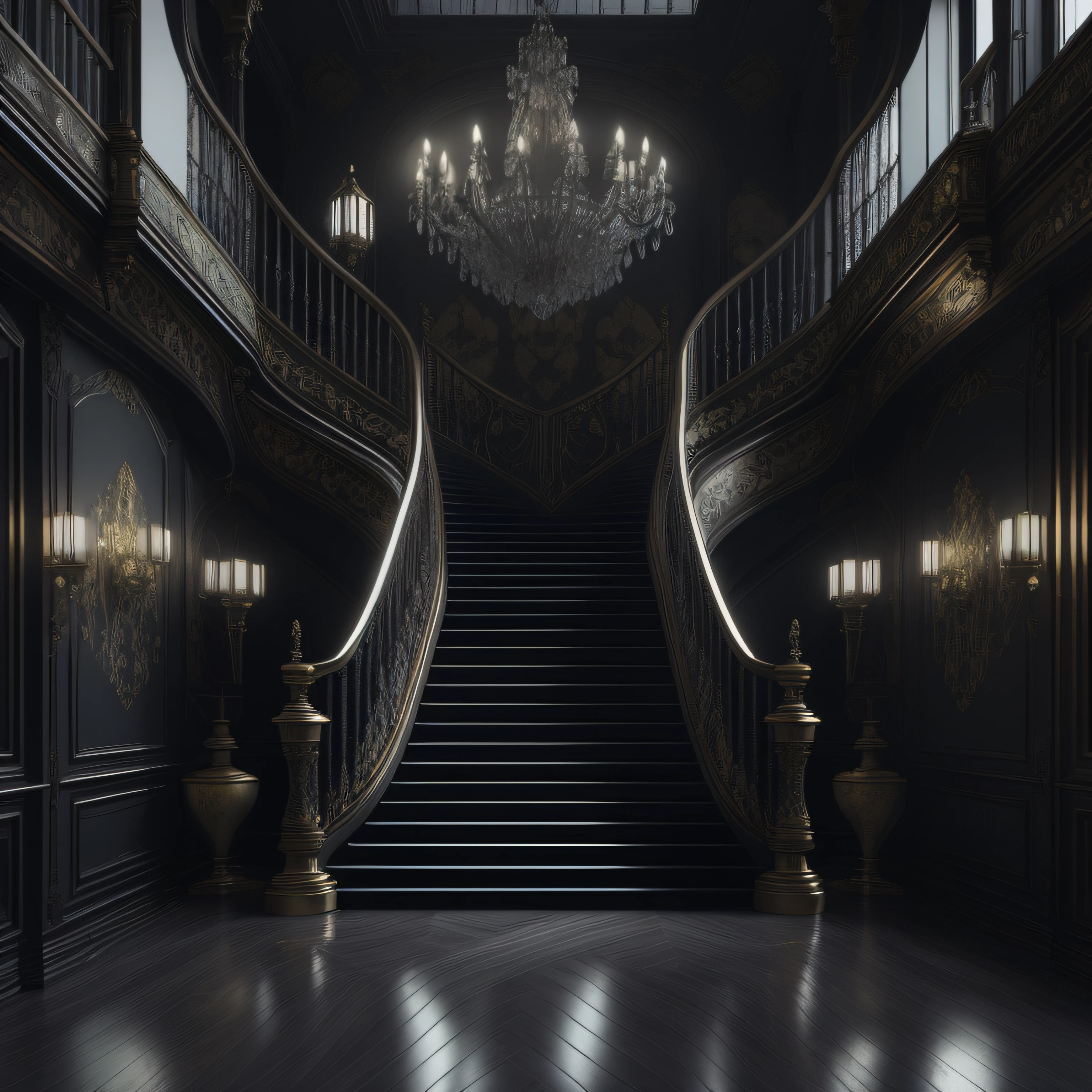 there is a staircase leading to a set of stairs in a building, art nouveau octane render, masterpiece. rendered in blender, dark majestic ornate great hall, wide grand staircase, dramatic lighting render, rendered in unreal engine 4 k hq, rendered in unreal engine 4k hq, rendered in the unreal engine, cinematic render unreal engine, stuning fantasy 3 d render, daily render, very sharp, luz eenvolvente, arreglos florales