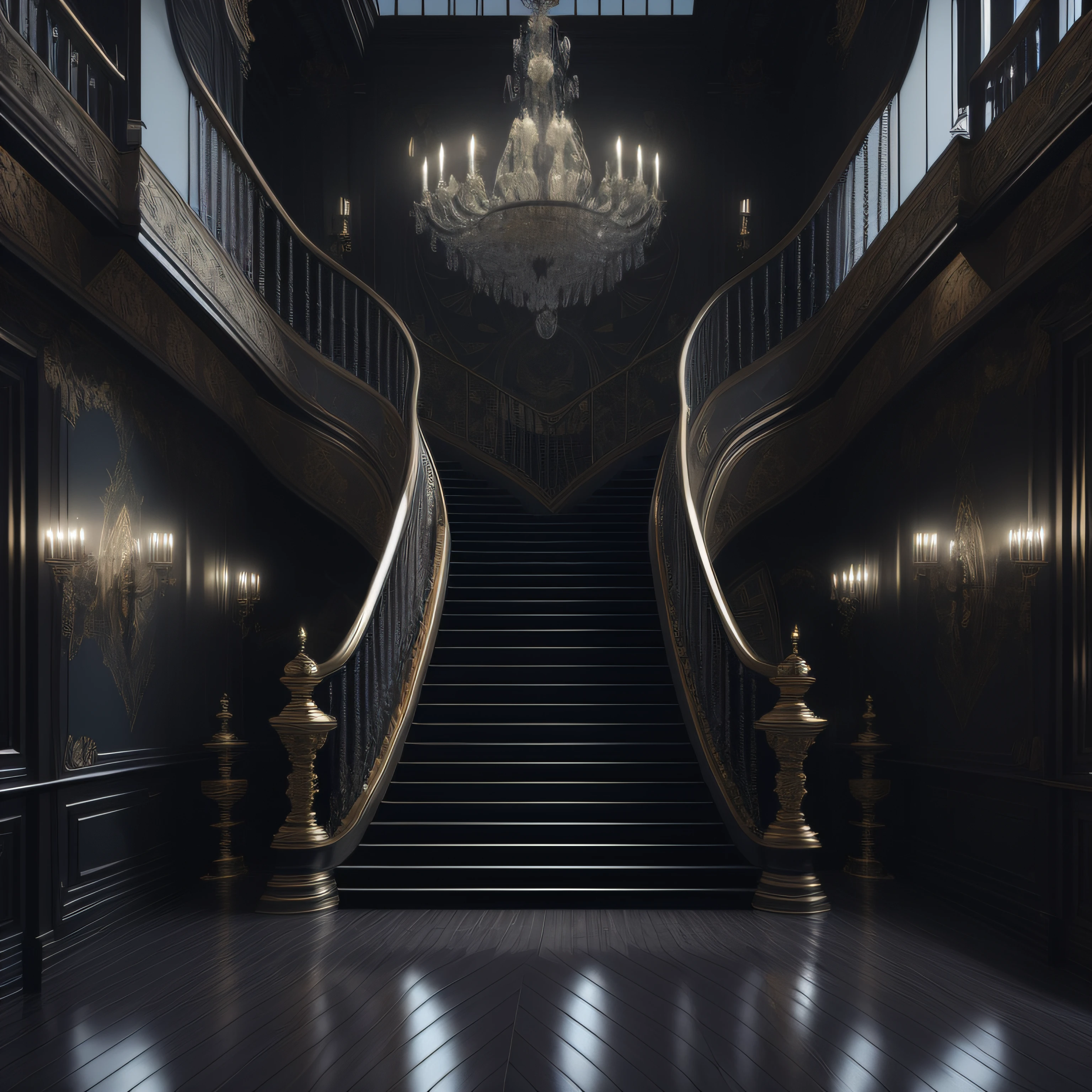there is a staircase leading to a set of stairs in a building, art nouveau octane render, masterpiece. rendered in blender, dark majestic ornate great hall, wide grand staircase, dramatic lighting render, rendered in unreal engine 4 k hq, rendered in unreal engine 4k hq, rendered in the unreal engine, cinematic render unreal engine, stuning fantasy 3 d render, daily render, very sharp, luz eenvolvente, arreglos florales