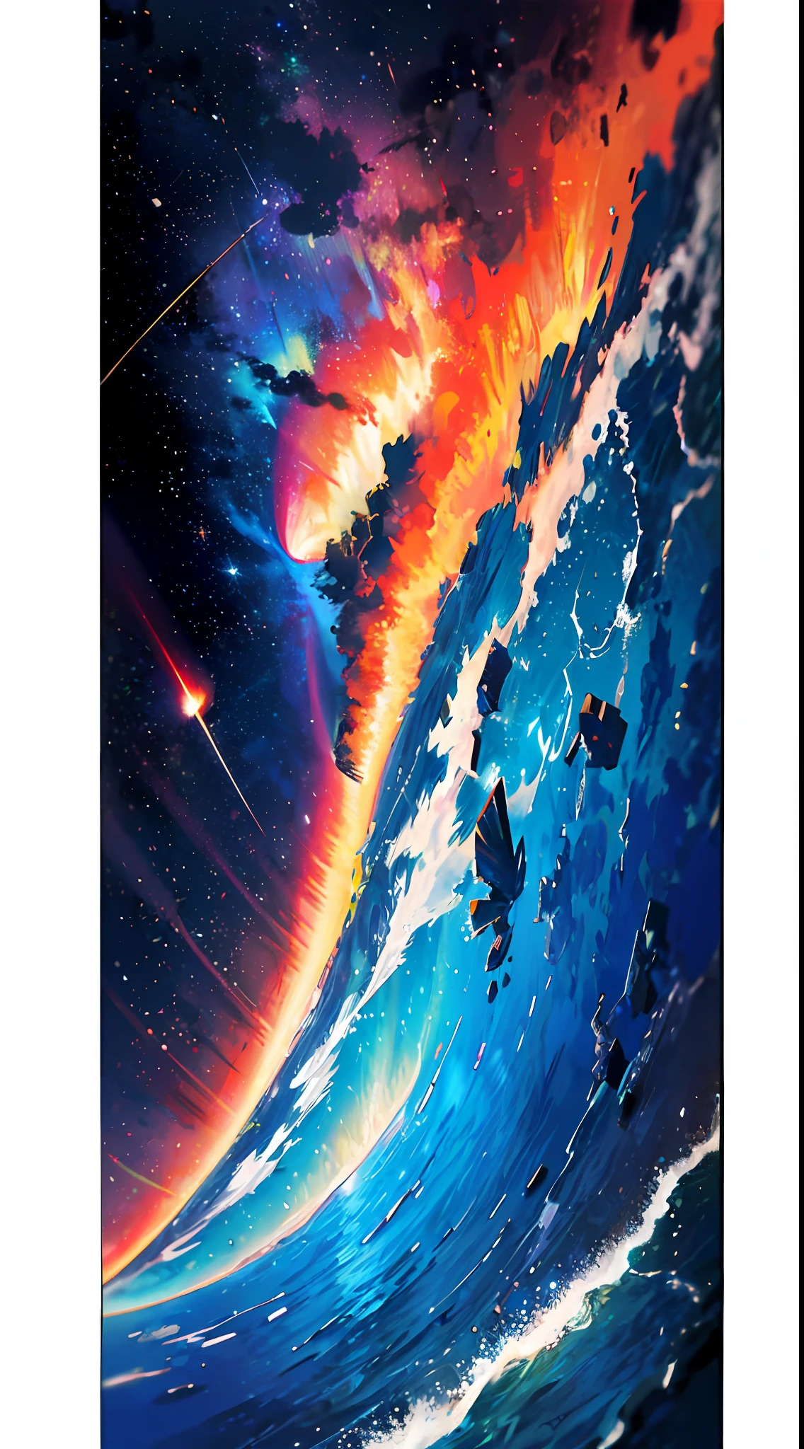 (zoom:1.1), (meteor shower:1.2), (comet:1.1), low angle, arora borealis, shooting star, top quality, masterpiece, clouds, colorful, southeast Asian beach, summer, seascape, small islands