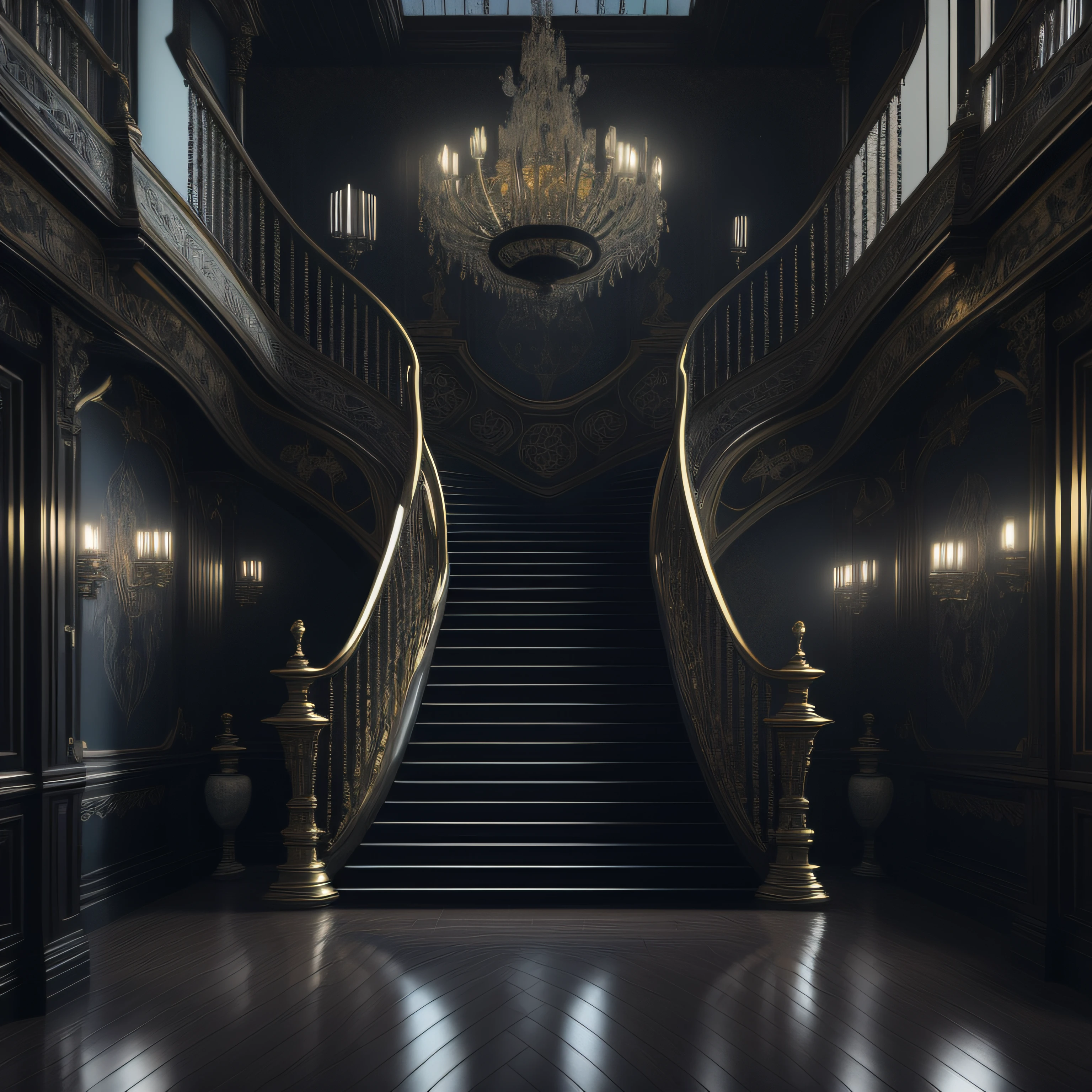 there is a staircase leading to a set of stairs in a building, art nouveau octane render, masterpiece. rendered in blender, dark majestic ornate great hall, wide grand staircase, dramatic lighting render, rendered in unreal engine 4 k hq, rendered in unreal engine 4k hq, rendered in the unreal engine, cinematic render unreal engine, stuning fantasy 3 d render, daily render, very sharp, luz eenvolvente, arreglos florales