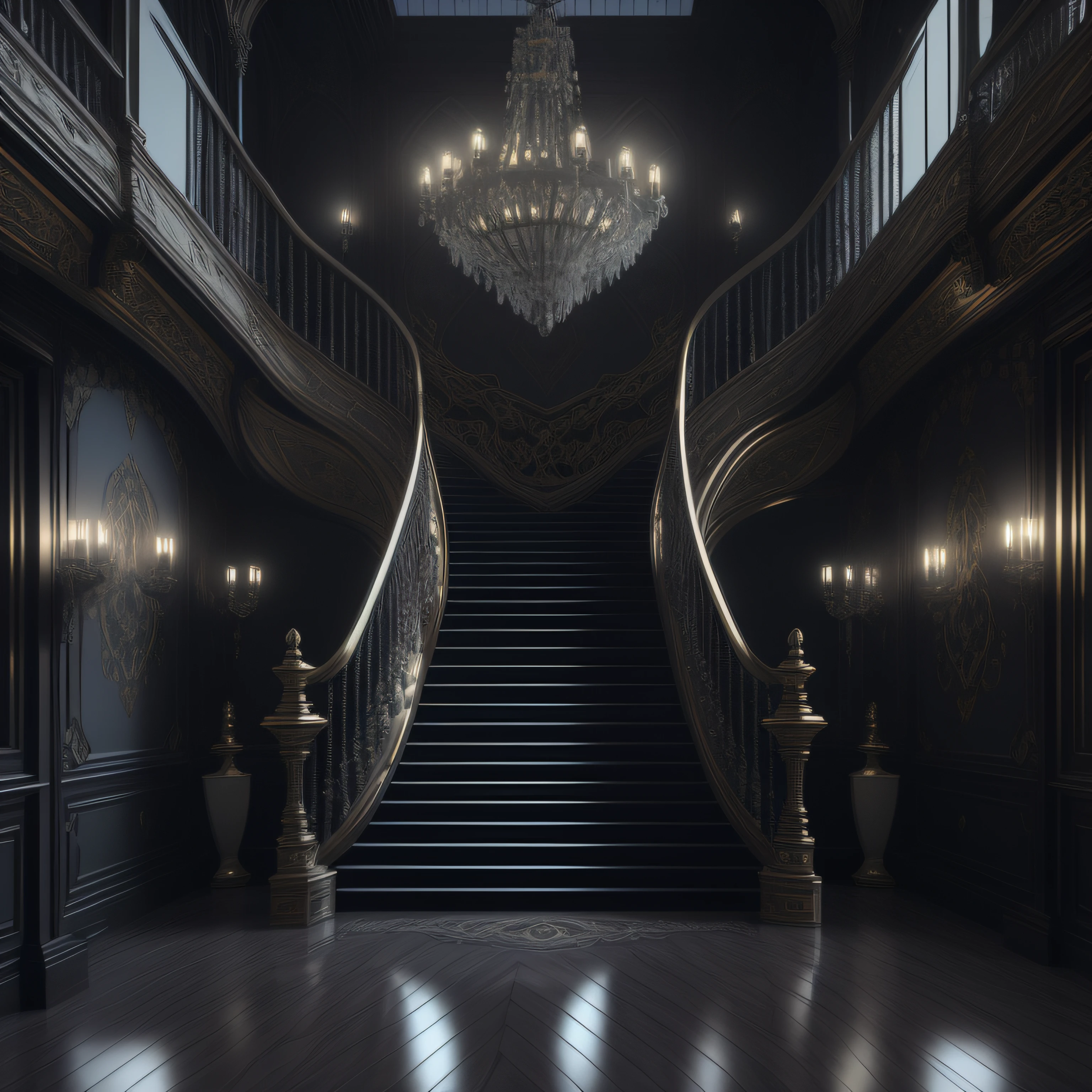 there is a staircase leading to a set of stairs in a building, art nouveau octane render, masterpiece. rendered in blender, dark majestic ornate great hall, wide grand staircase, dramatic lighting render, rendered in unreal engine 4 k hq, rendered in unreal engine 4k hq, rendered in the unreal engine, cinematic render unreal engine, stuning fantasy 3 d render, daily render, very sharp, luz eenvolvente, arreglos florales