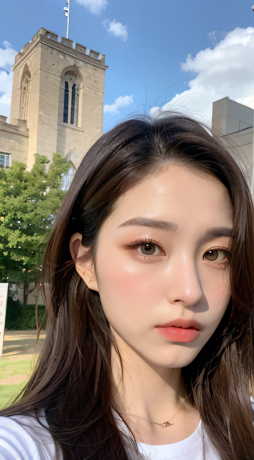 (day time、excellent、8K、A masterpie:1.3)), full full body, Long feet, Focal length: 1.2, Perfect Body Beauty: 1.4, Slim abs: 1.1, ((Dark brown hair, small tits: 1.2 )), (White Skinny T-Shirt, Standing: 1.2), ((City, blue sky, white clouds: 1.3)), Detailed face and skin texture, Detail Eye, Double eyelidd, Flying Longhair