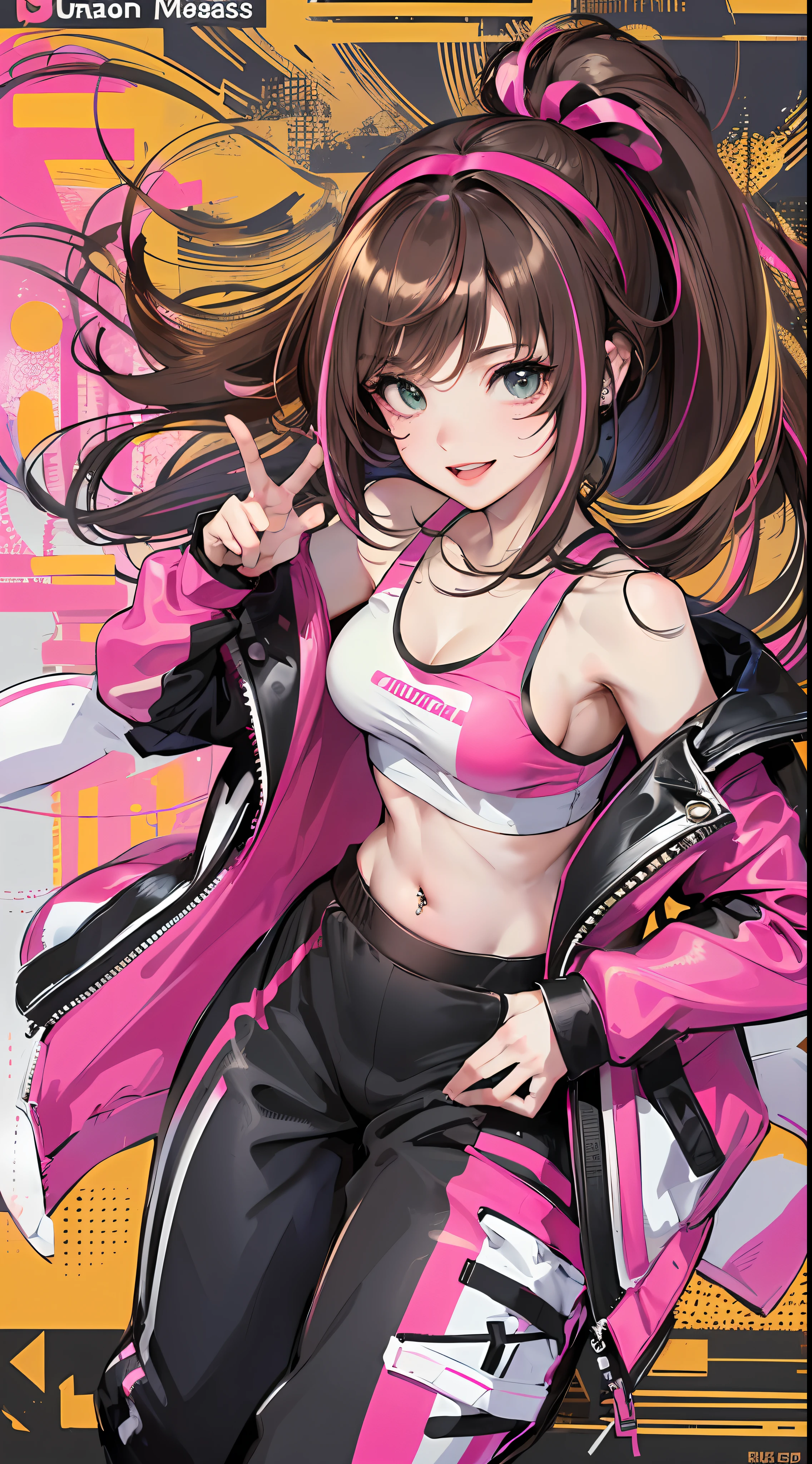 (Best quality, 8k, 32k, Masterpiece, UHD:1.2), kizuna ai, medium breasts,long hair, brown hair, multicolored hair, floating hair, pink hairband, pink highlights, streaked hair, smiling, pink sports bra, full black jogging pants, navel,  road, navel piercing