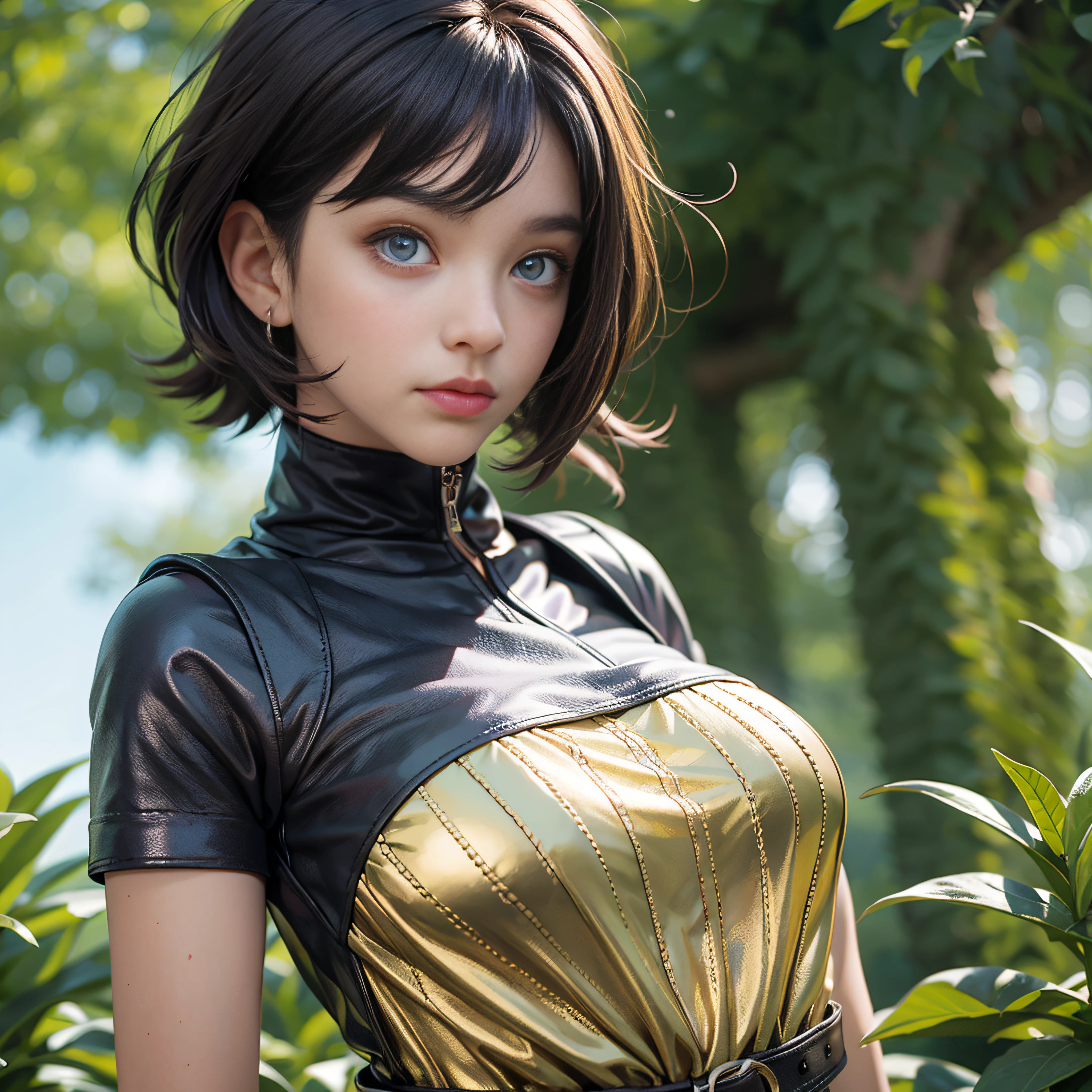 A beautiful girl with black short hair and purple eyes, from 21 years old, se encuentra en medio de una oficina muy limpia, con plantas en el muro del fondo. The golden light of the sun pierces the treetops, radiante, Spectacular lighting, creando un juego de sombras y destellos que iluminan su figura. She wears a short leather skirt with pleats that highlights her bold and energetic personality, sus ojos son purpura brillante, ojos de colores.