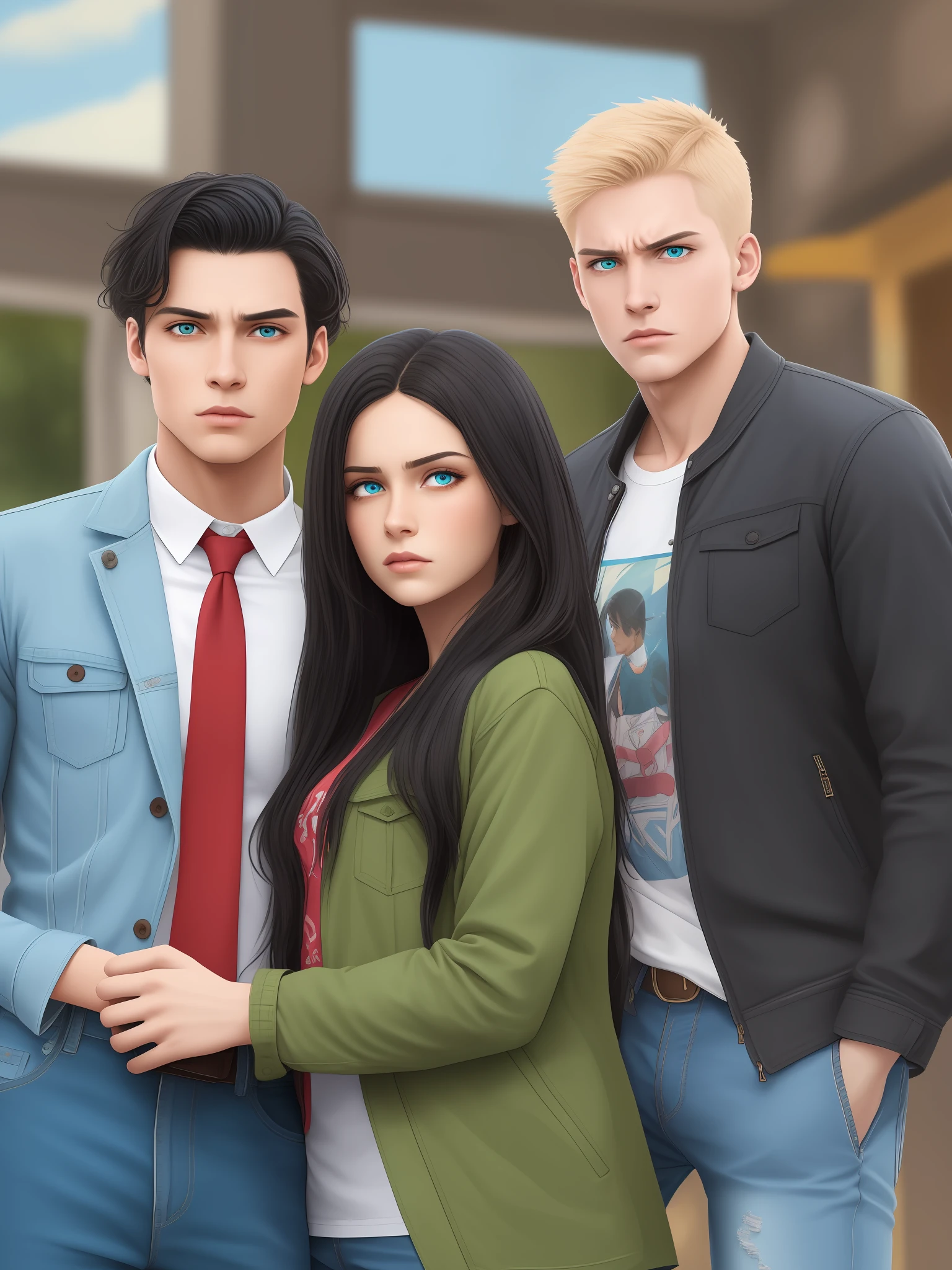 Children's fantasy romantic book cover, Woman with black hair and blue eyes is between a man with black hair and green eyes and a man with blond hair and brown eyes, She is with a sad expression and at the same time angry, they're all wearing modern clothes, jean pants, Camiseta, jaqueta de couro e botas