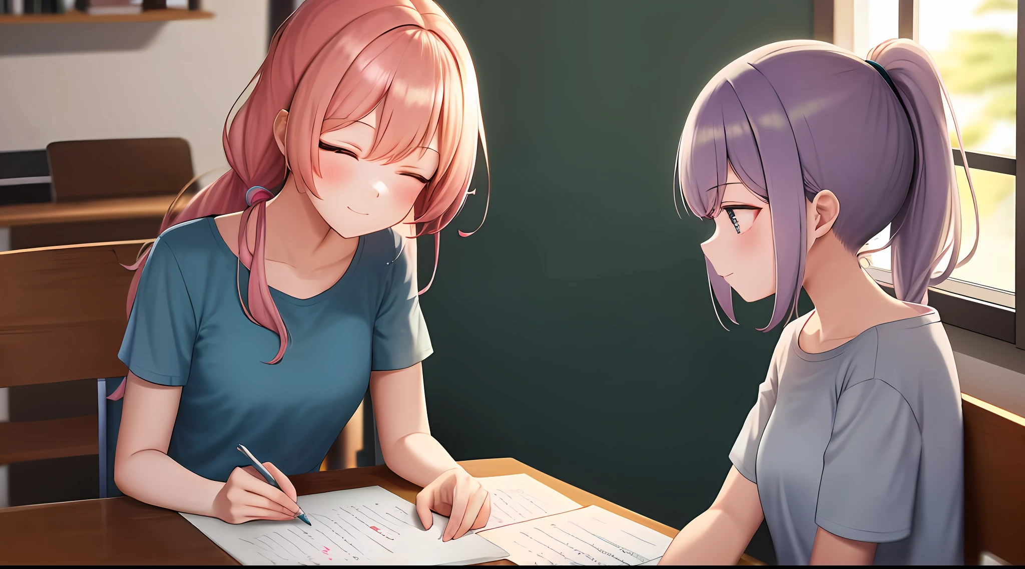 A masterpie, beste Quality, a highres, a 1 girl, Loose T-shirt、 Girl sitting on chair studying drafting at desk, Study seriously, Good luck studying、drawn、a beautifu、a Pretty、Sleeping face down on a desk、High Ponytail、Pink hair color