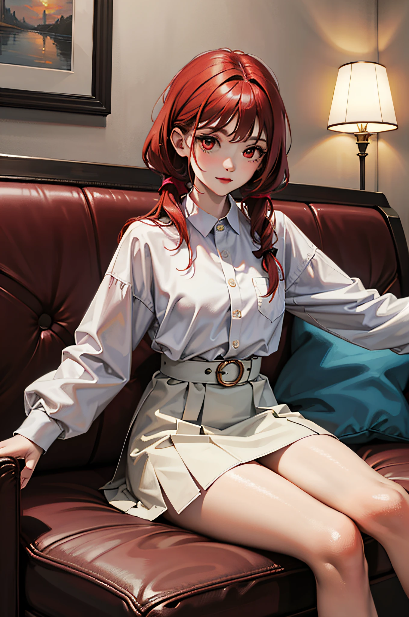 (A masterpiece:1.2), (best qulaity:1.2), 8K, Ultra HDR, ultra-highres, (1girls:1.2), cheerfulness,Cutes,Two ponytails,petite loli,Long red hair,Red eyes,Yellow shirt,White skirt,(In the hotel,Capture,Sit,sitting on a sofa)