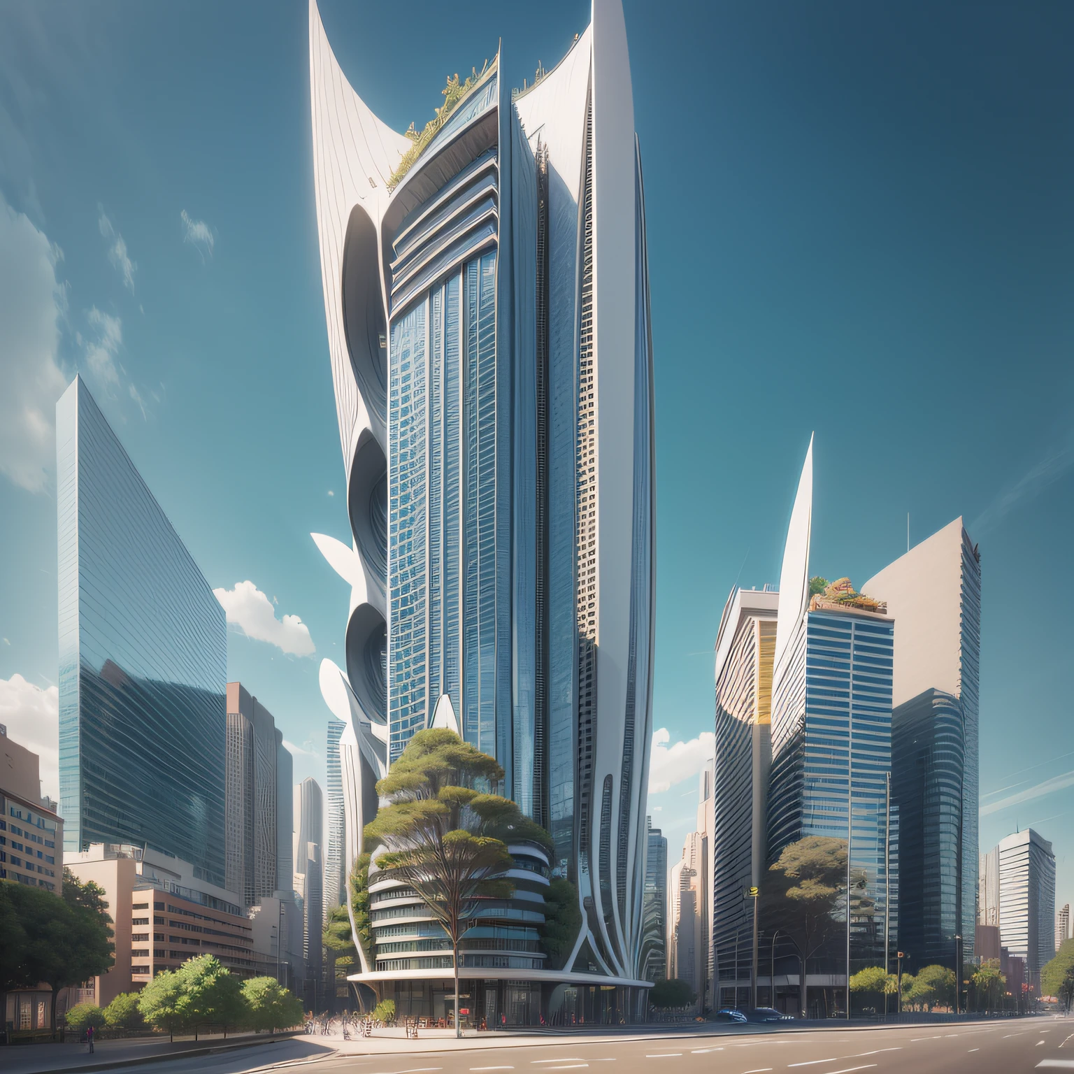 Futuristic architecture, arquitetura premiada, skyscraper architectureCity, photographic style, Rendering, Alameda de plane trees, Highly detailed dream building in the architectural styles of Oscar Niemeyer and Ernst Haeckel :: arquiteturacore :: High contrast wide avenue in front full of trees, plane trees