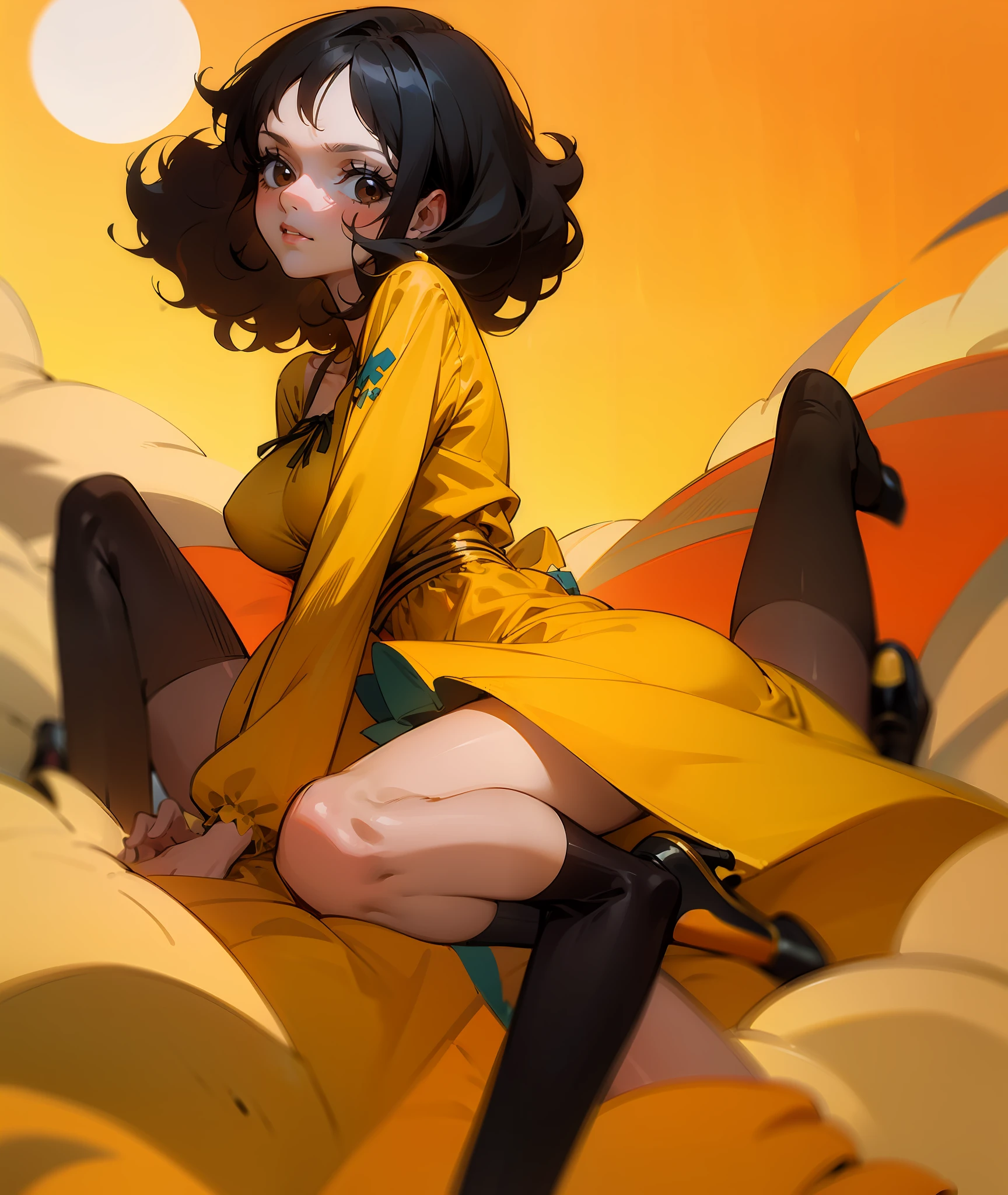 1girl, black hair, curly hair, black, brown eyes, tan skin, lazy, yellow clothes, sun dress, stockings, black Mary Jane shoes, yellow ribbon in hair, face shot, face