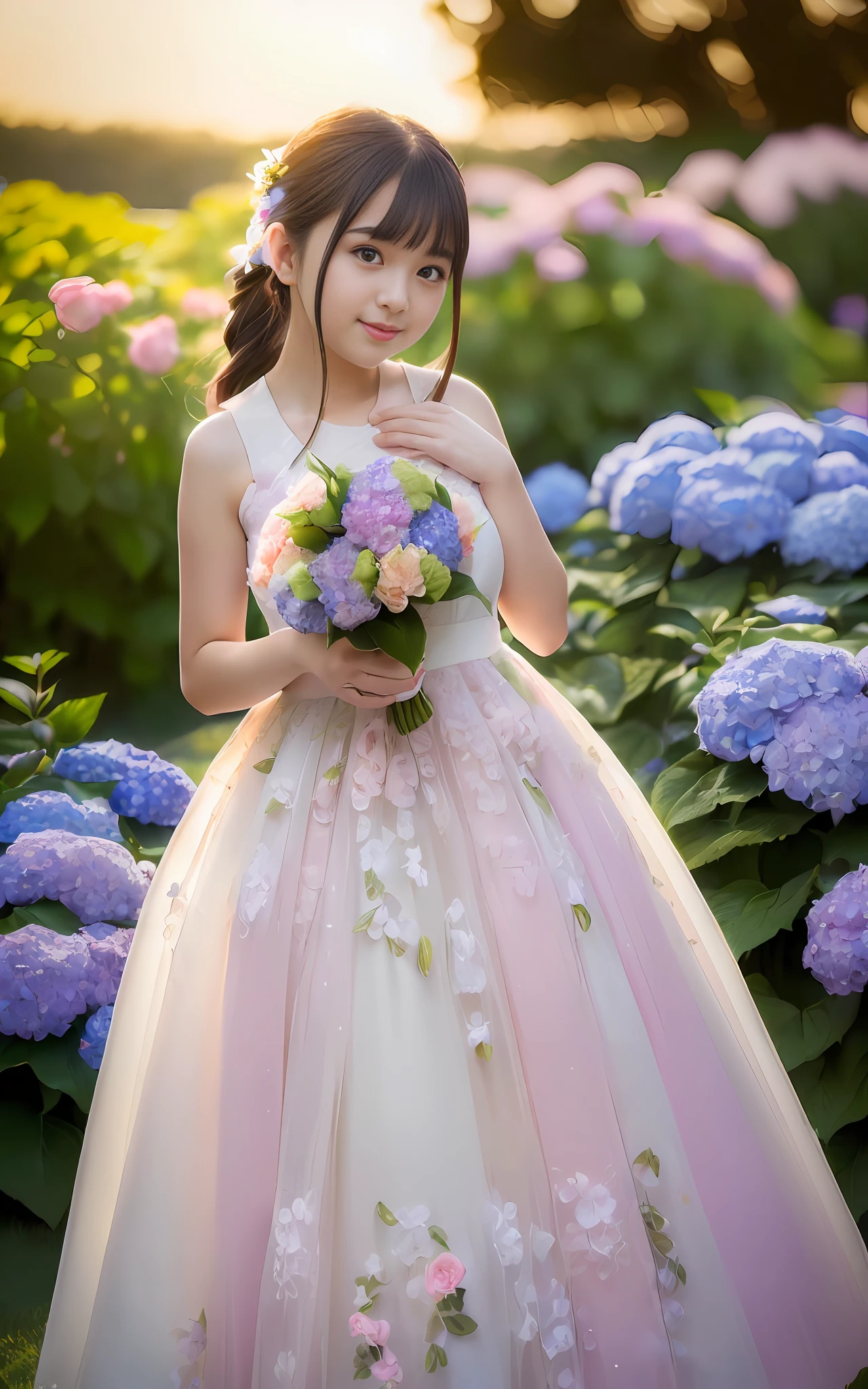 20 years old, twilight rays, wedding dress, corolla, (((Tokugawaen)), hydrangea front bokeh, bokeh, photorealistic, surrounded by hydrangeas, background dark, smiling, (one girl), (sunset: 1.3), (8k, raw photography, best quality, masterpiece: 1.2), (realistic, photorealism: 1.37), best quality, ultra high resolution, (focus plane: 1.8), ( Portrait: 1.7), (Intense:1.1), (Details:1.1), (Highest Quality), (Analog:1.2), (High Sharp), Canon EOS R Photography, (Summer Dress:1.4), (Standing in a Flower Garden:1.3), (Vivid and Colorful:1.3)