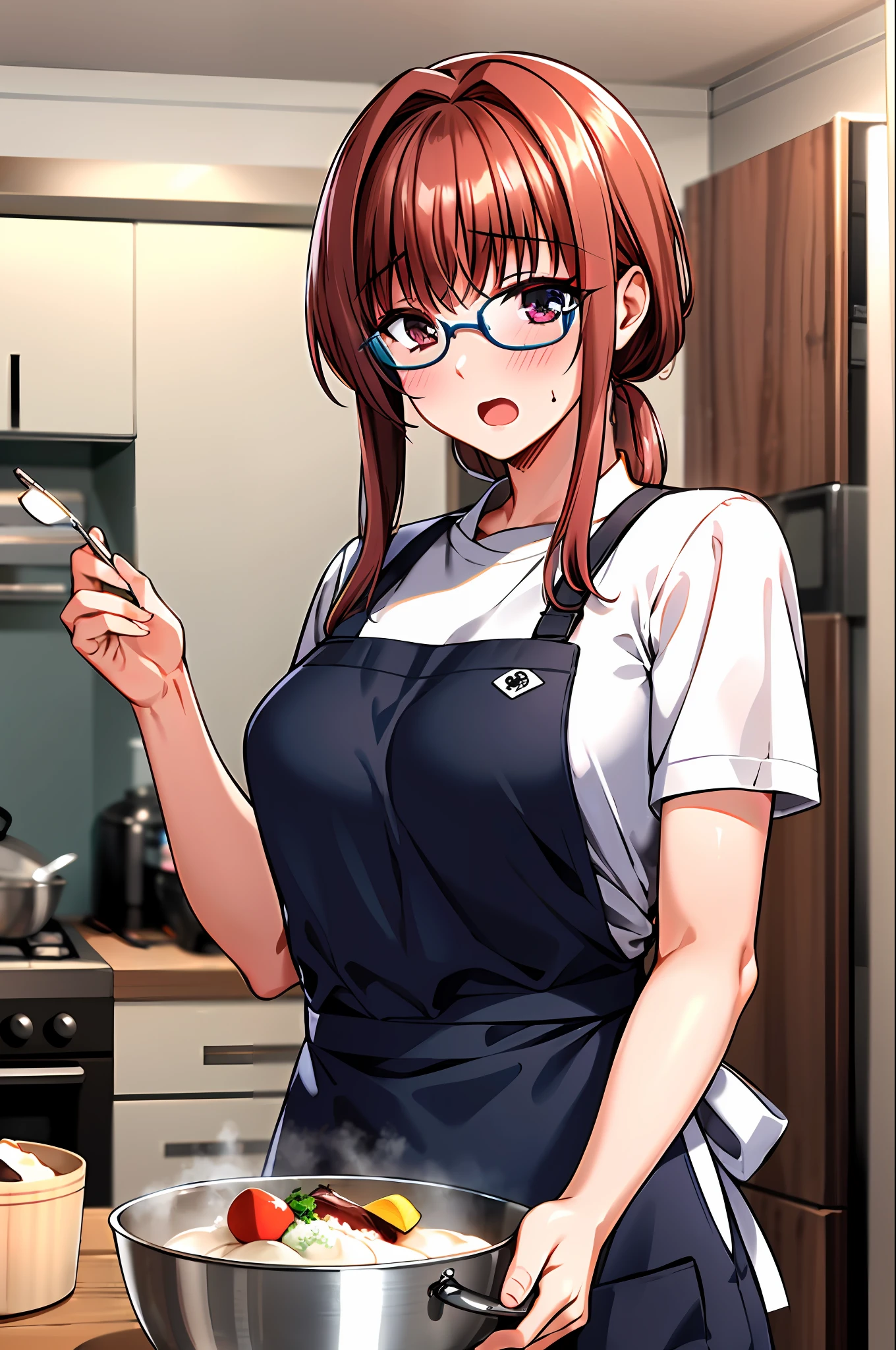 8K,(The Masterpiece:1.4)(best qulaity:1.4),(Top quality),1girls,kasumi_matsubara,eye glass,cuisine,Short-sleeved apron,inside room,upper-body,to stand,looking at the spectator,Focus individually,(shinyskin),